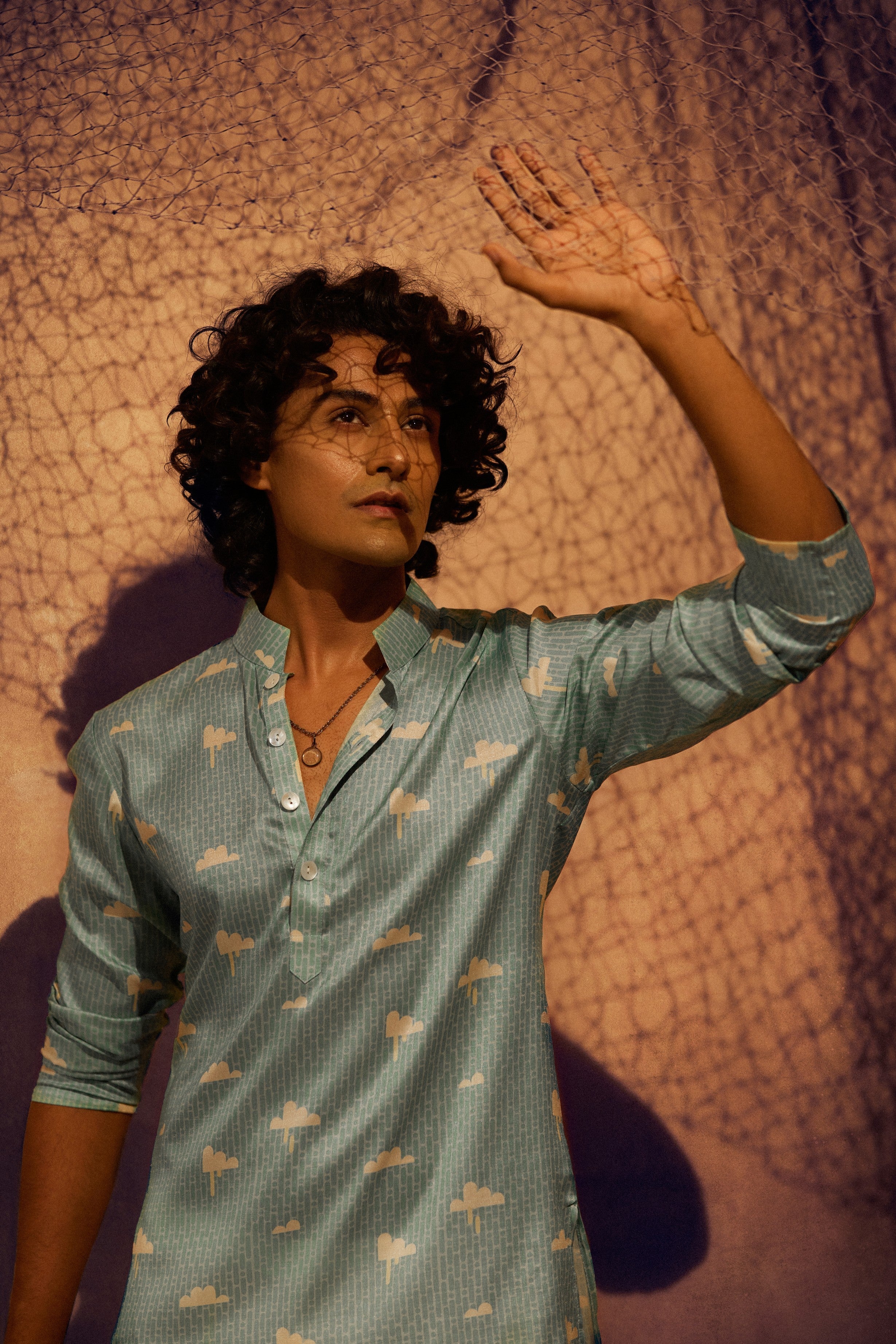 In The Clouds - Printed silk kurta with beige plain pants