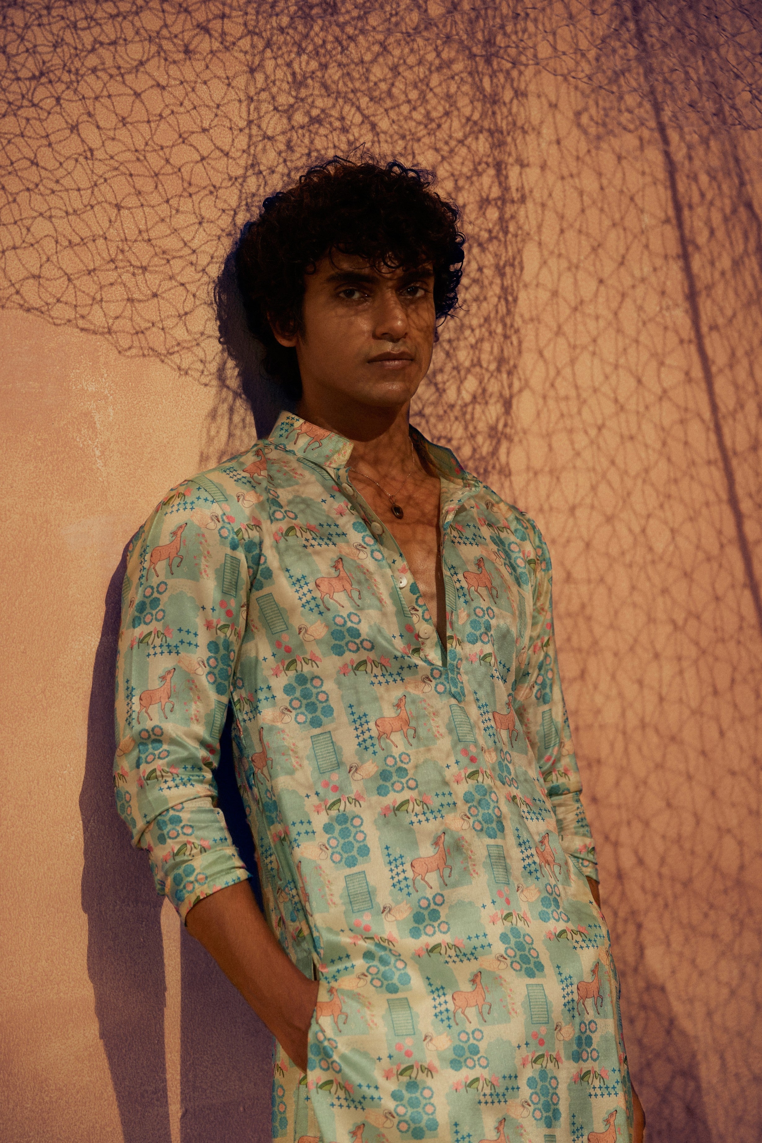 Deer Park -  Printed silk kurta with beige plain pants