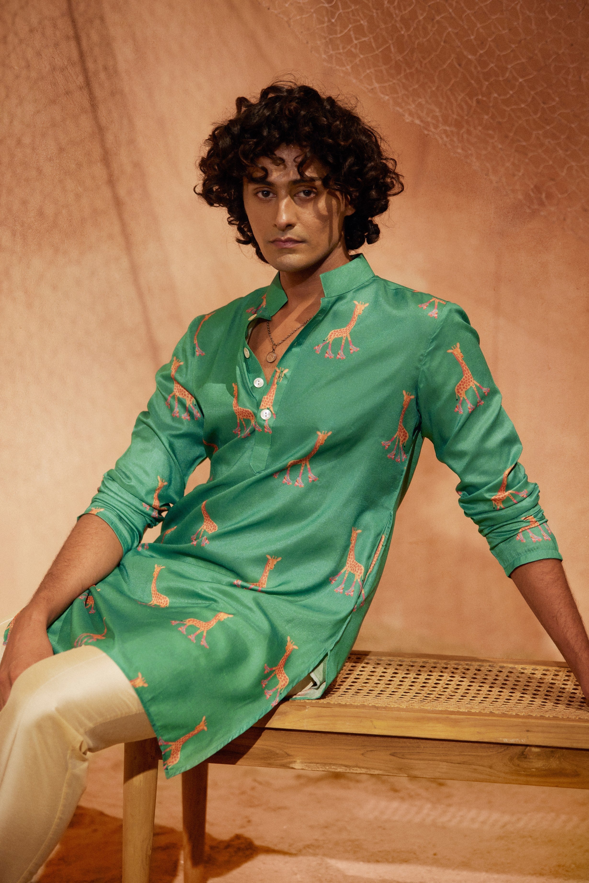 Rolling Giraffe - Printed silk kurta with beige plain pants