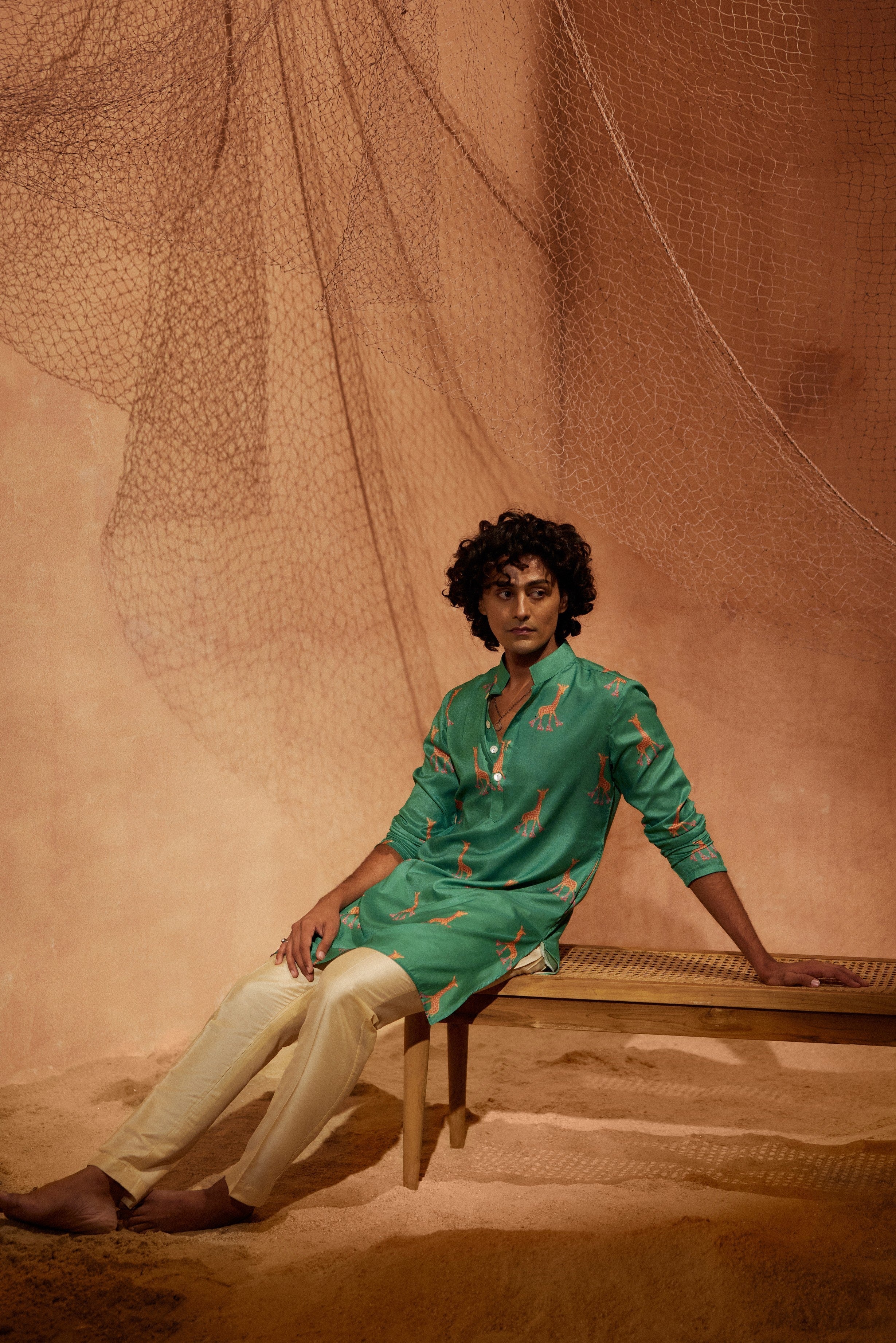 Rolling Giraffe - Printed silk kurta with beige plain pants