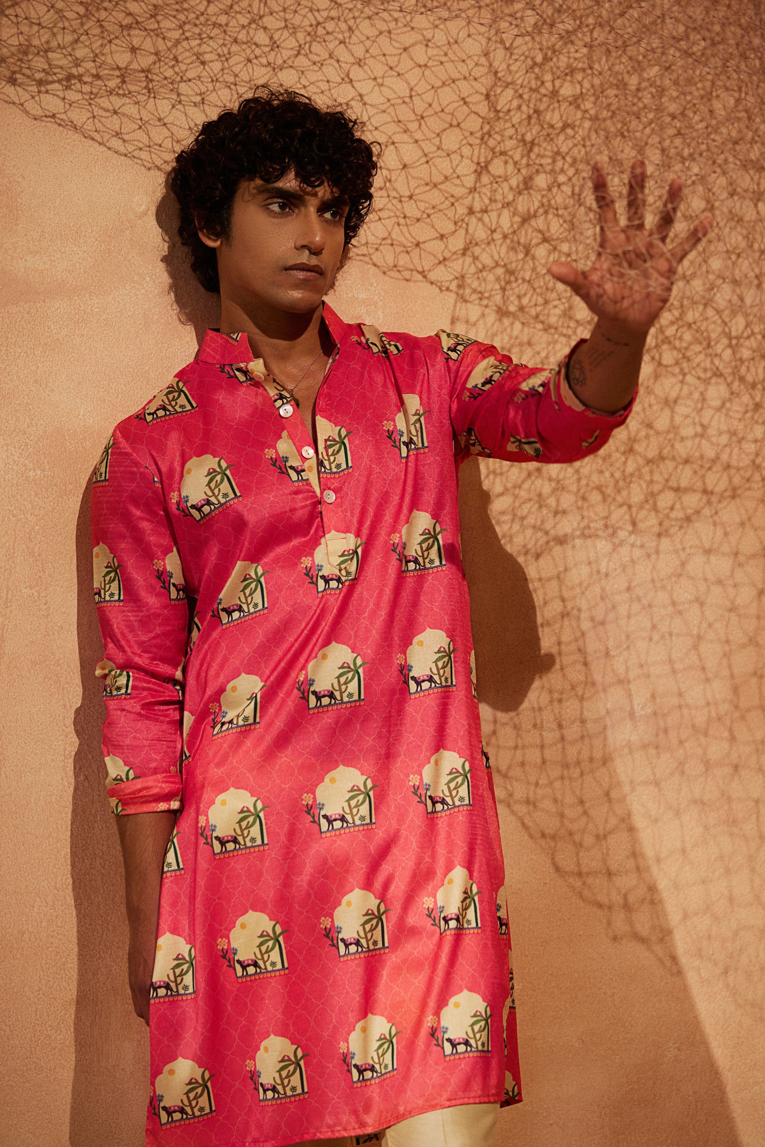 Pink Panther - Printed silk kurta with beige plain pants