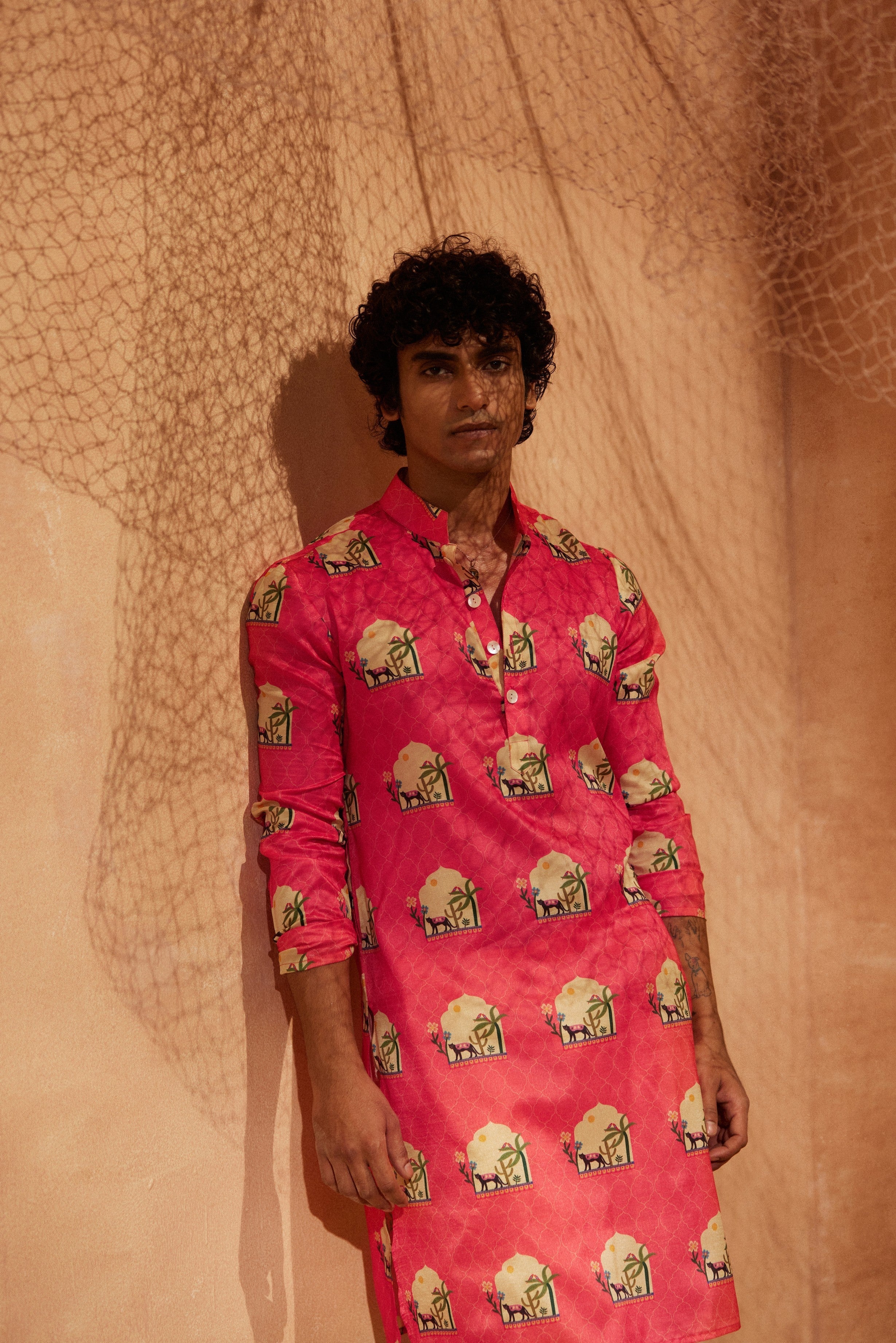 Pink Panther - Printed silk kurta with beige plain pants