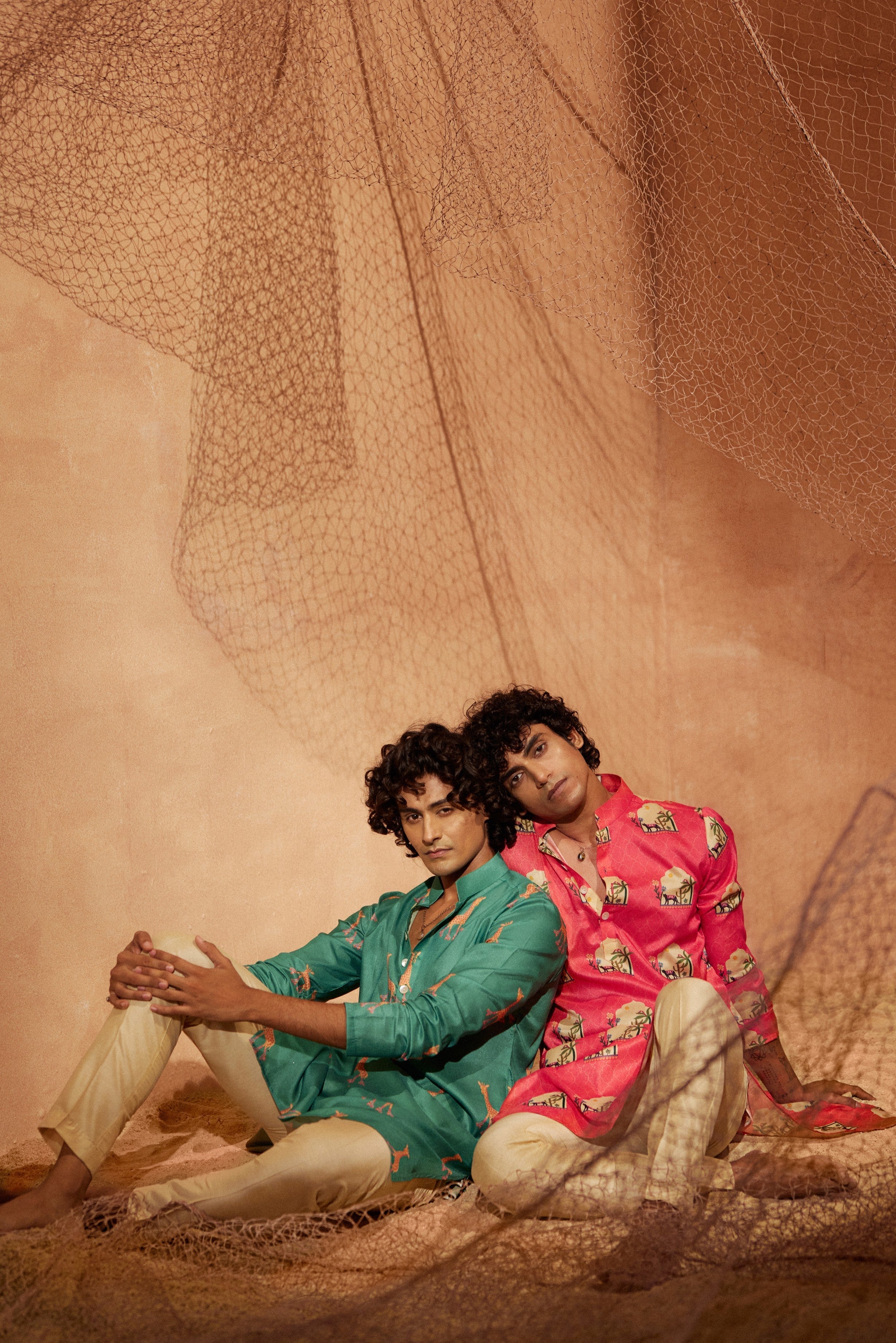 Pink Panther - Printed silk kurta with beige plain pants