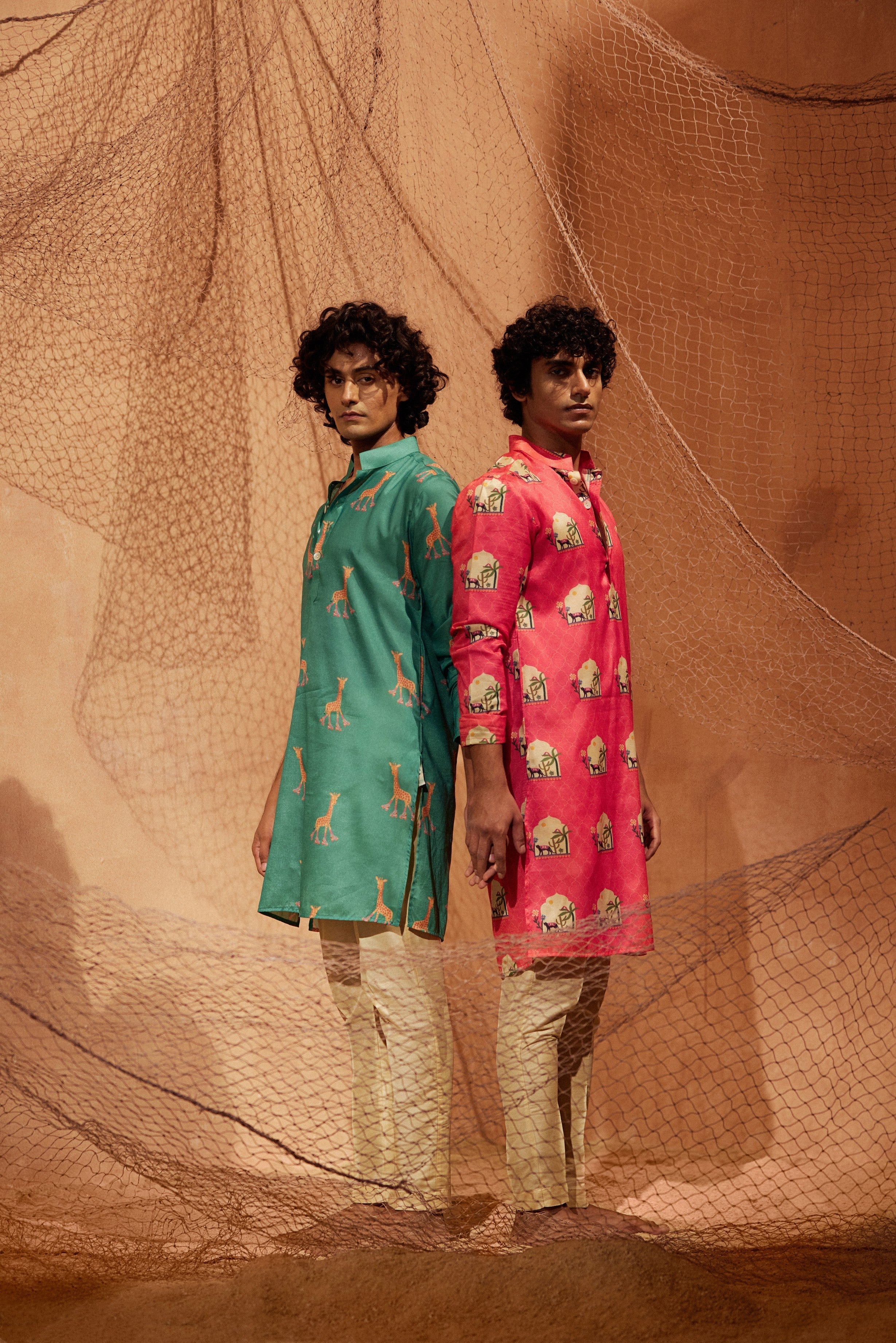 Pink Panther - Printed silk kurta with beige plain pants