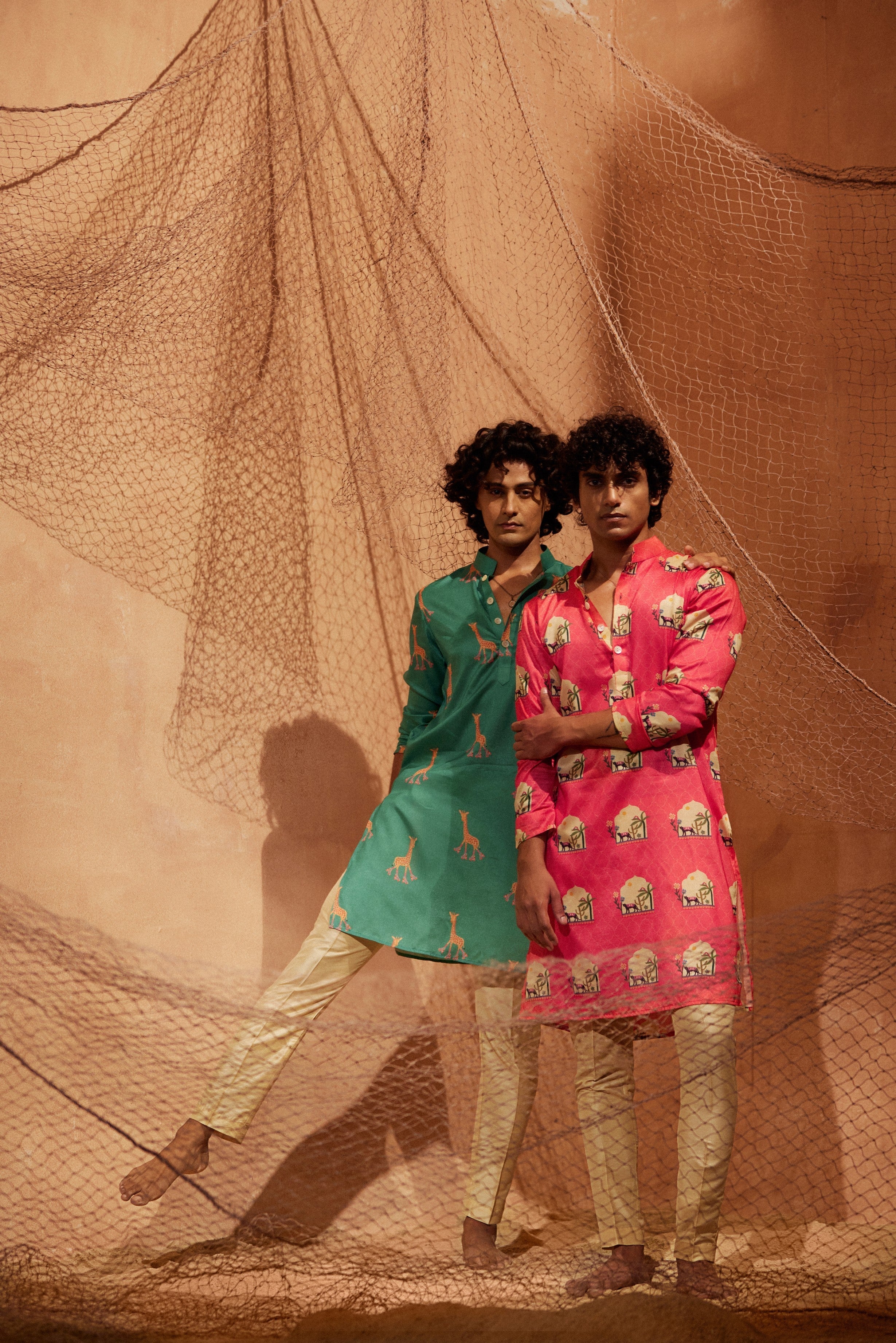 Pink Panther - Printed silk kurta with beige plain pants