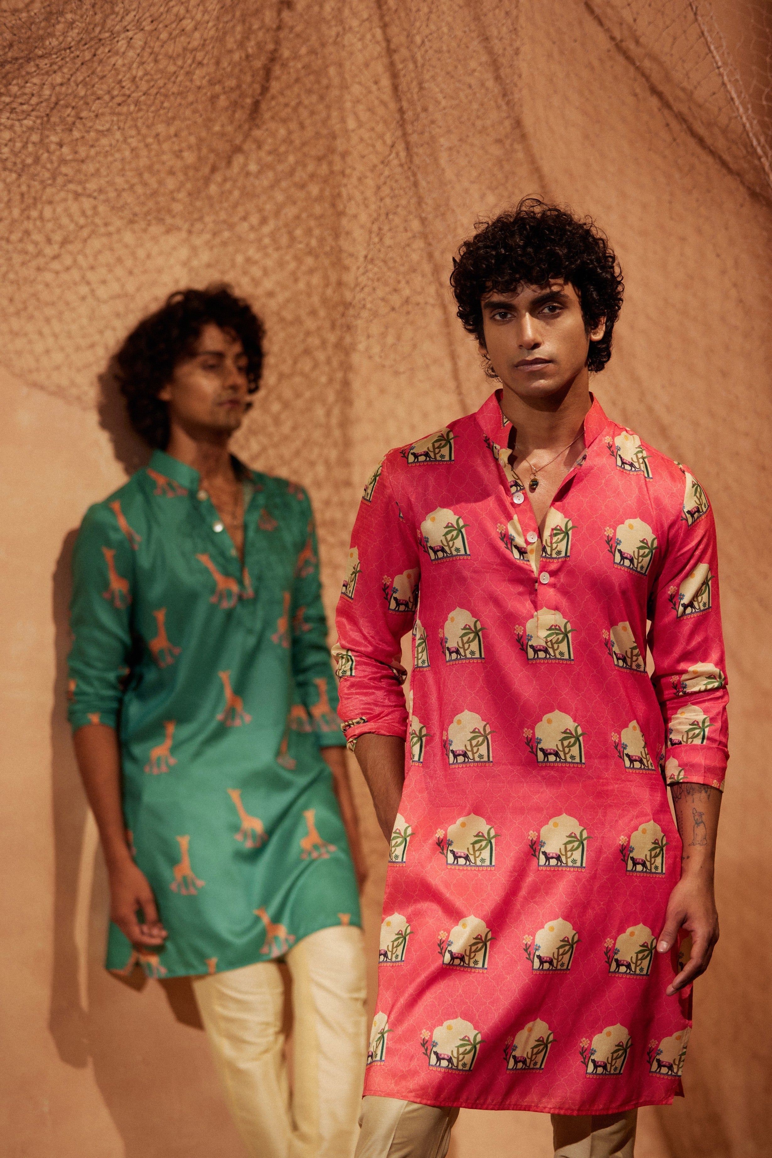 Pink Panther - Printed silk kurta with beige plain pants