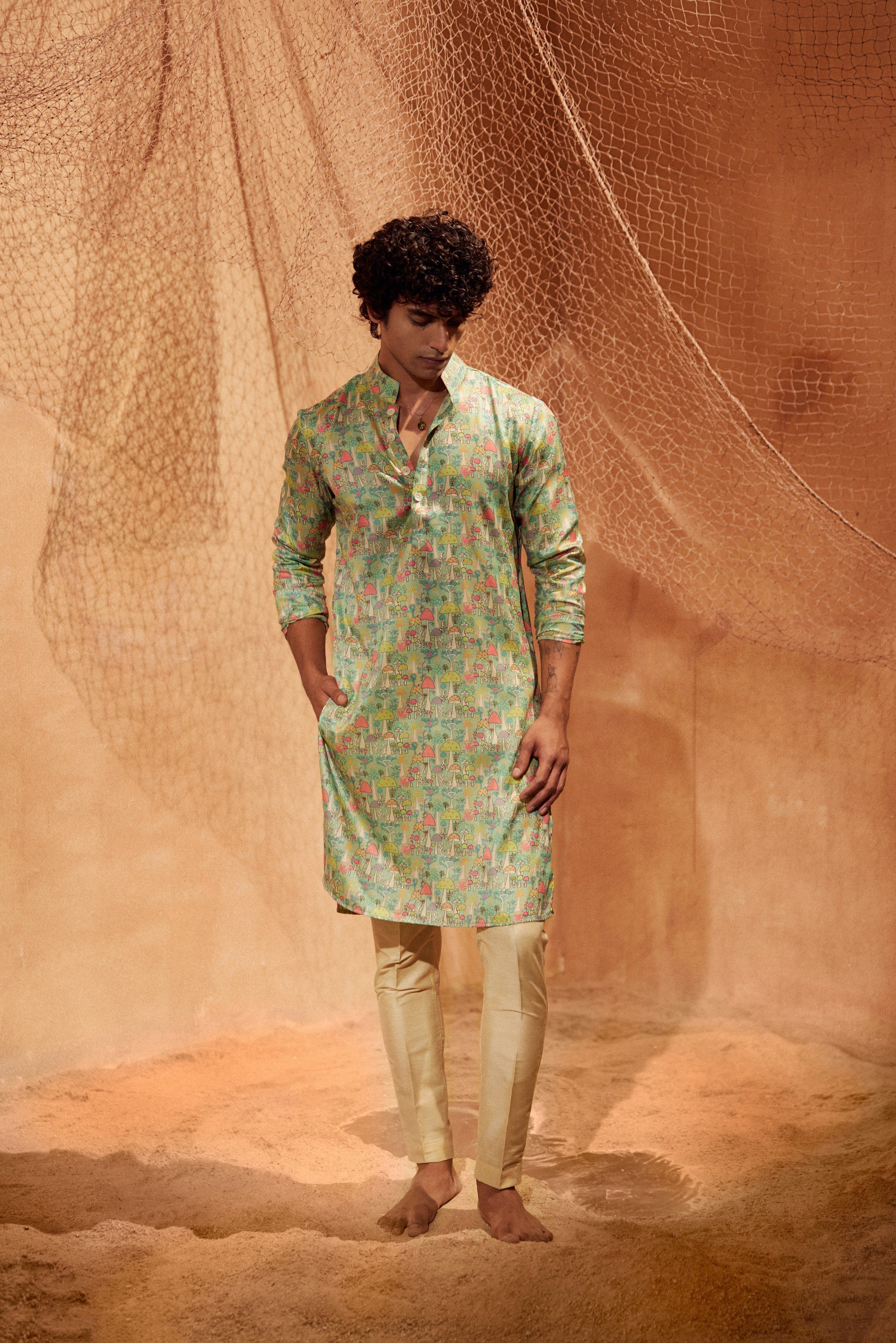 Mushroom Garden - Printed silk kurta with beige plain pants