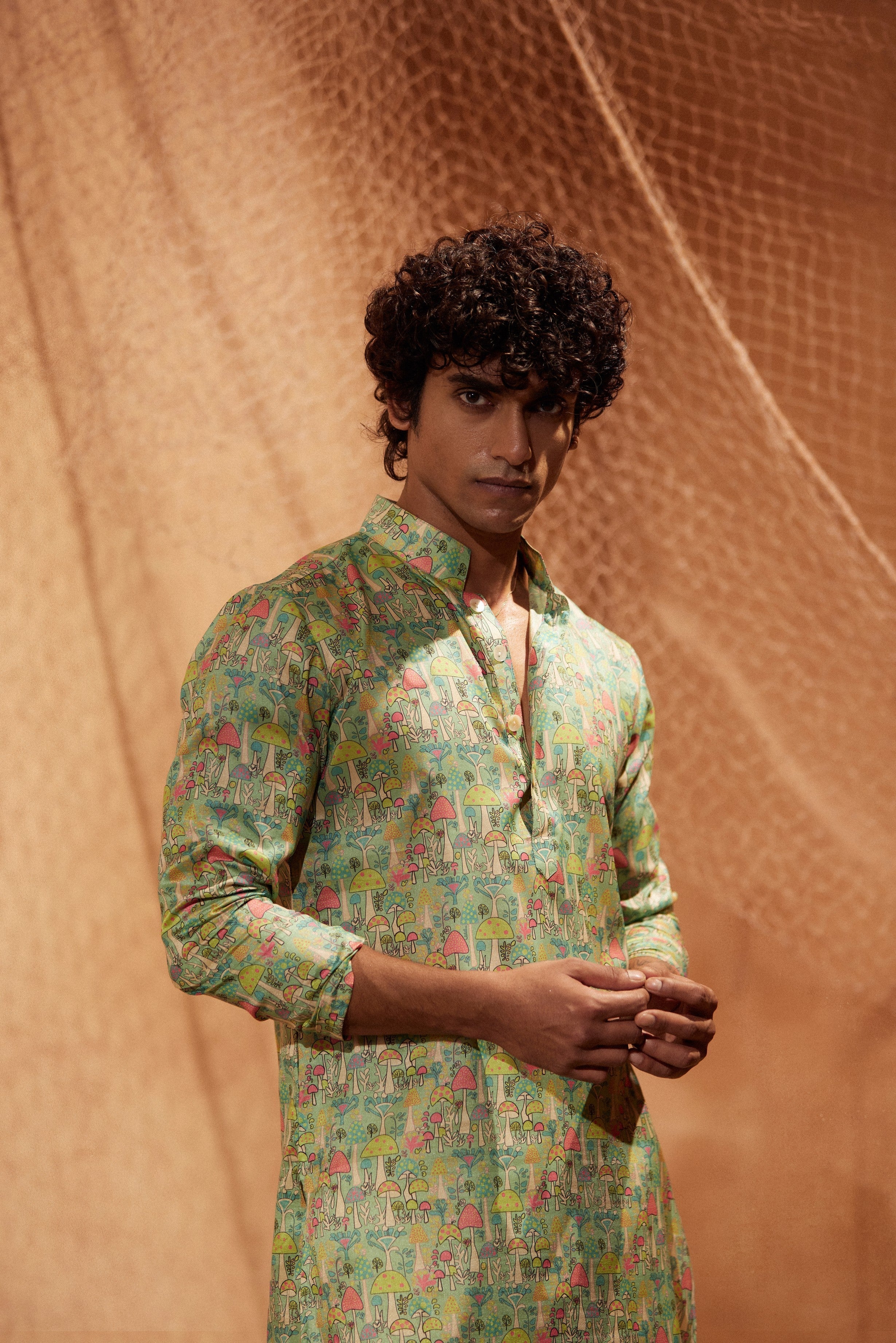Mushroom Garden - Printed silk kurta with beige plain pants