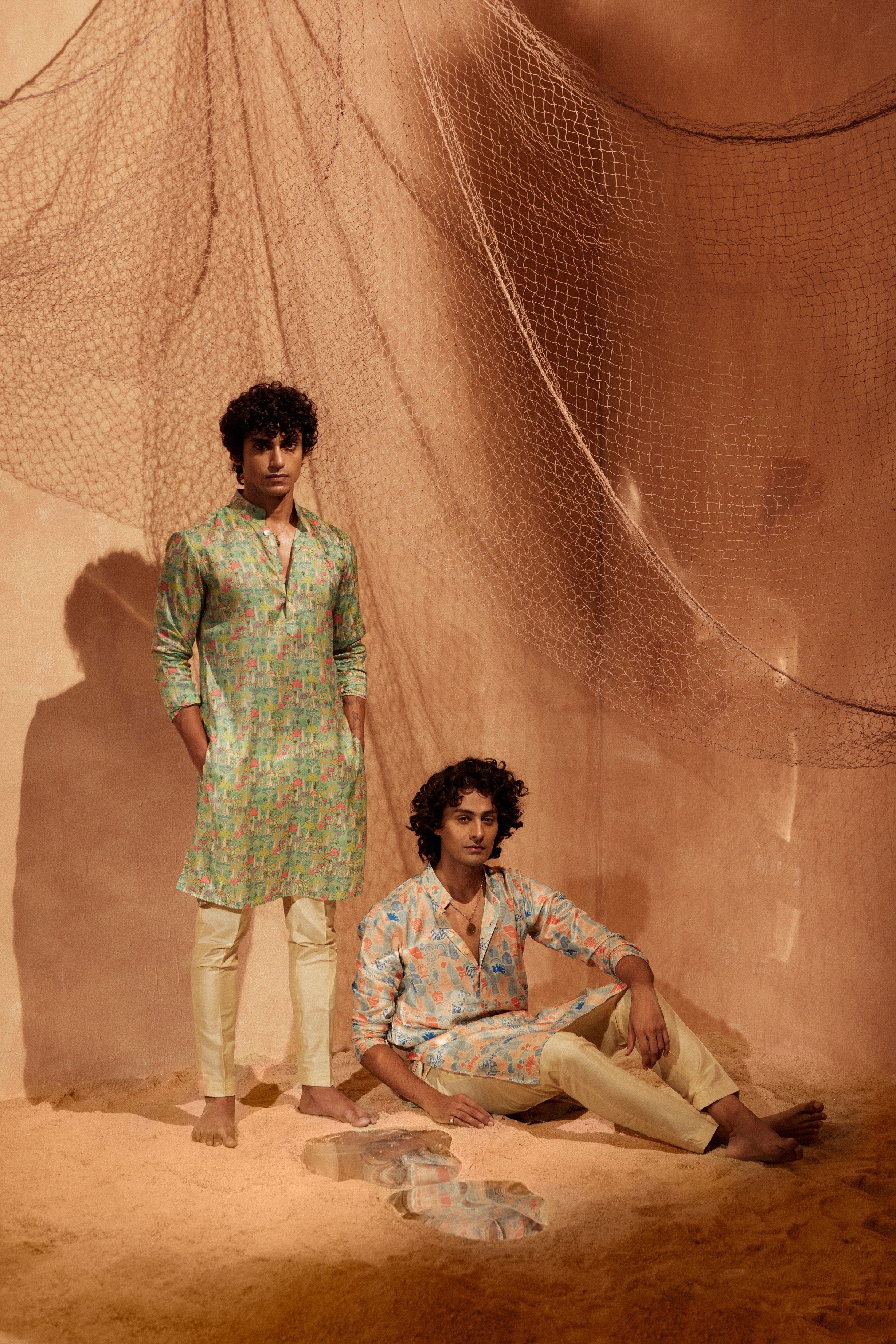 Mushroom Garden - Printed silk kurta with beige plain pants