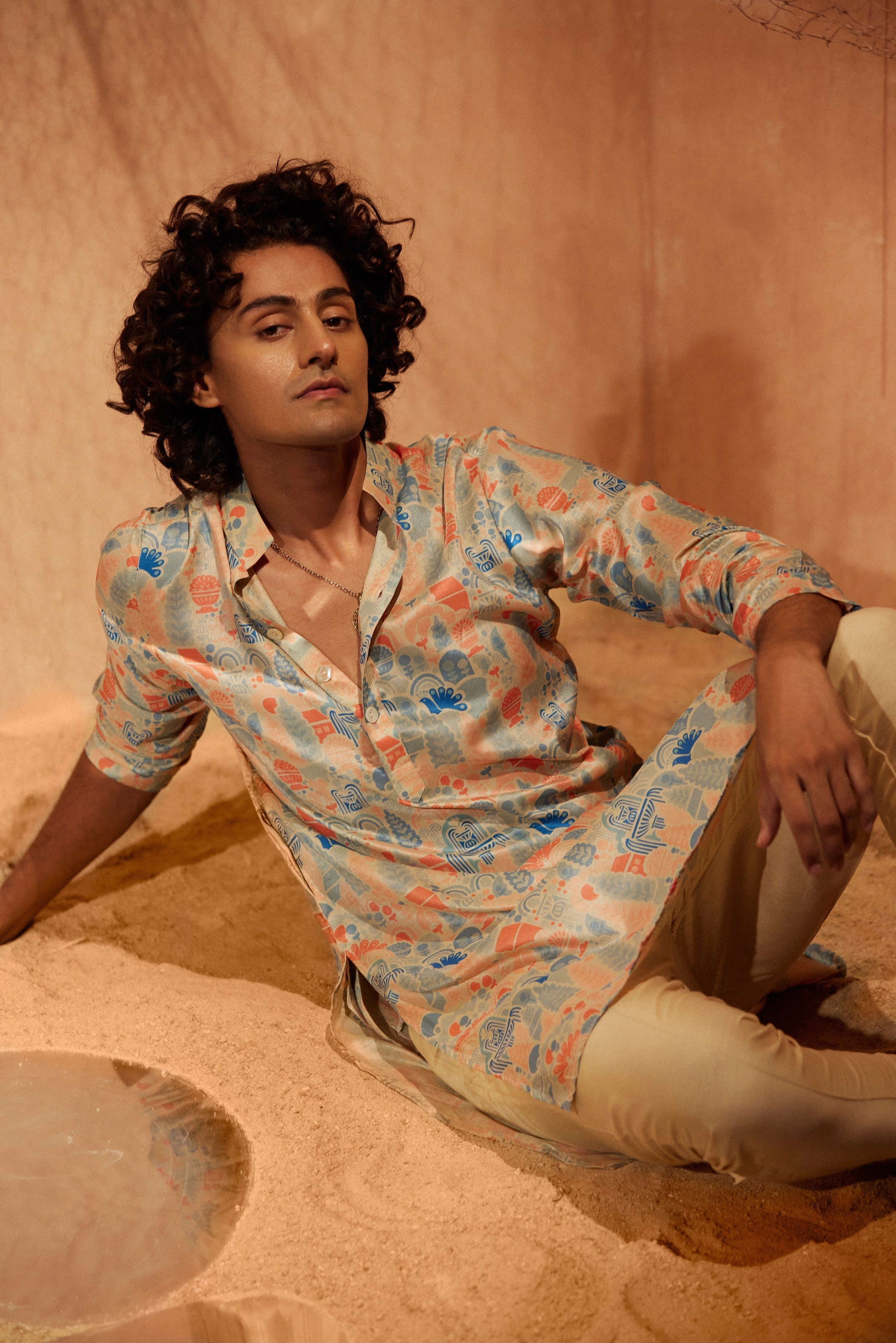 Waterland - Printed silk kurta with beige plain pants