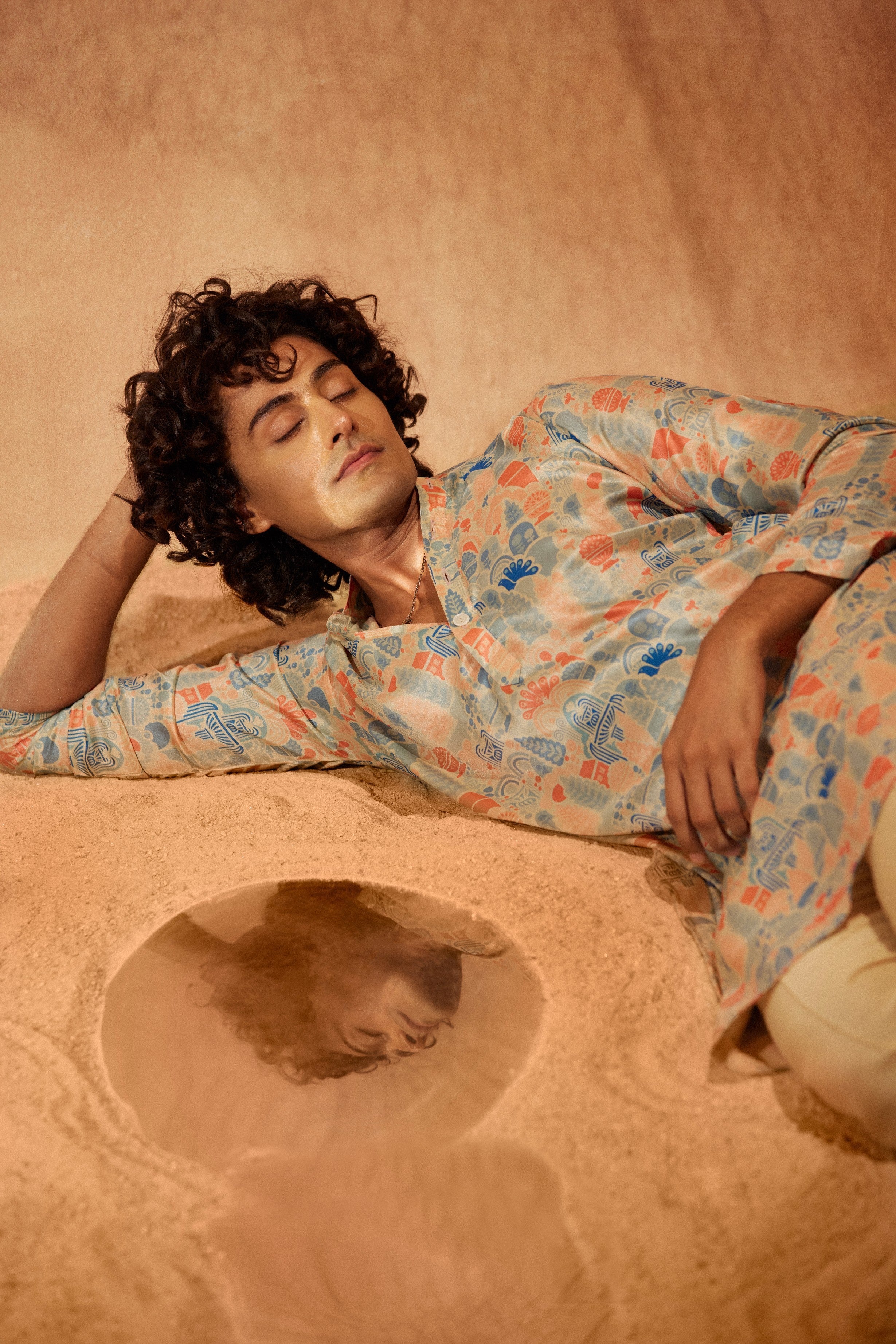 Waterland - Printed silk kurta with beige plain pants