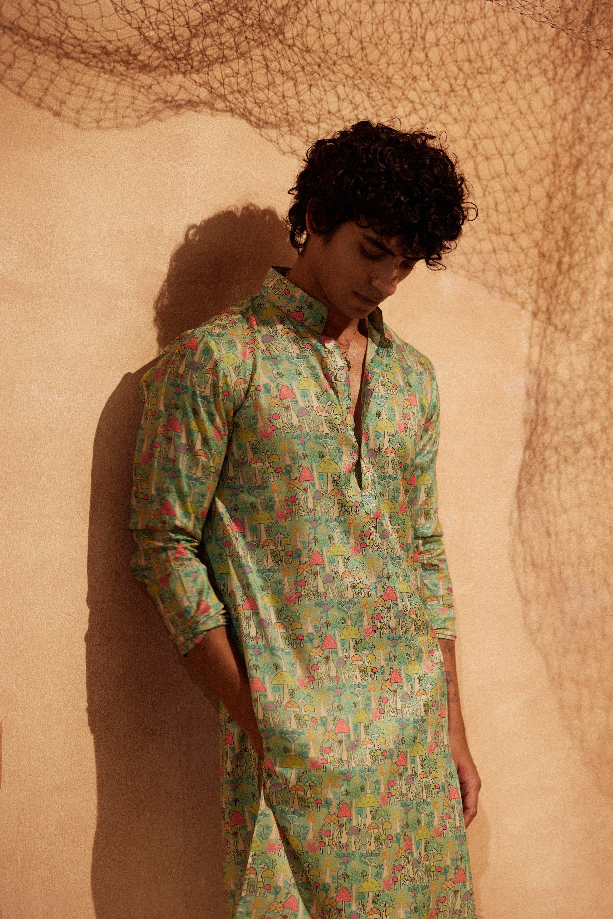 Mushroom Garden - Printed silk kurta with beige plain pants