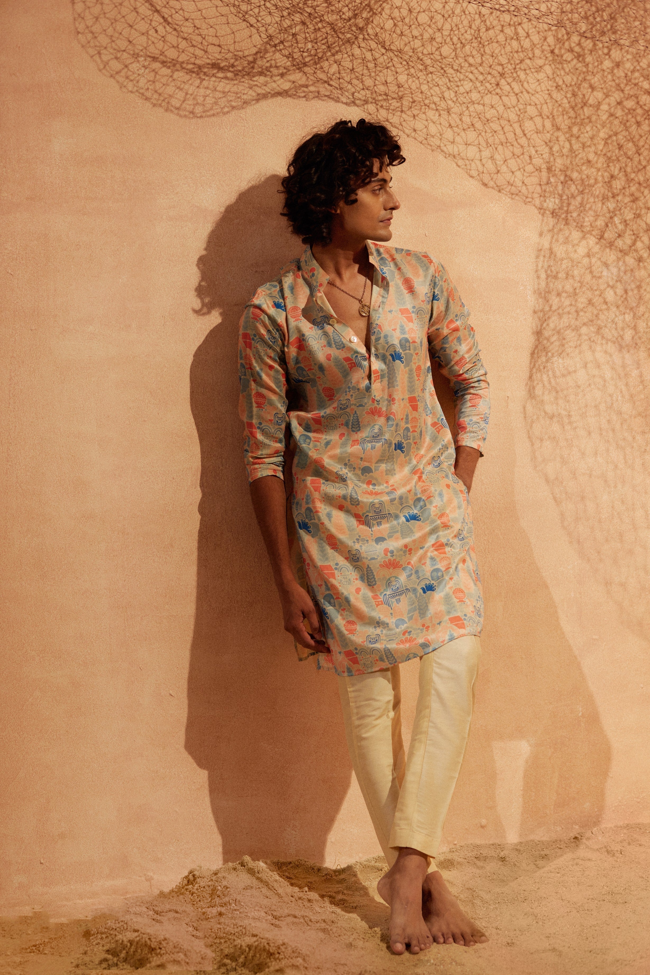 Waterland - Printed silk kurta with beige plain pants