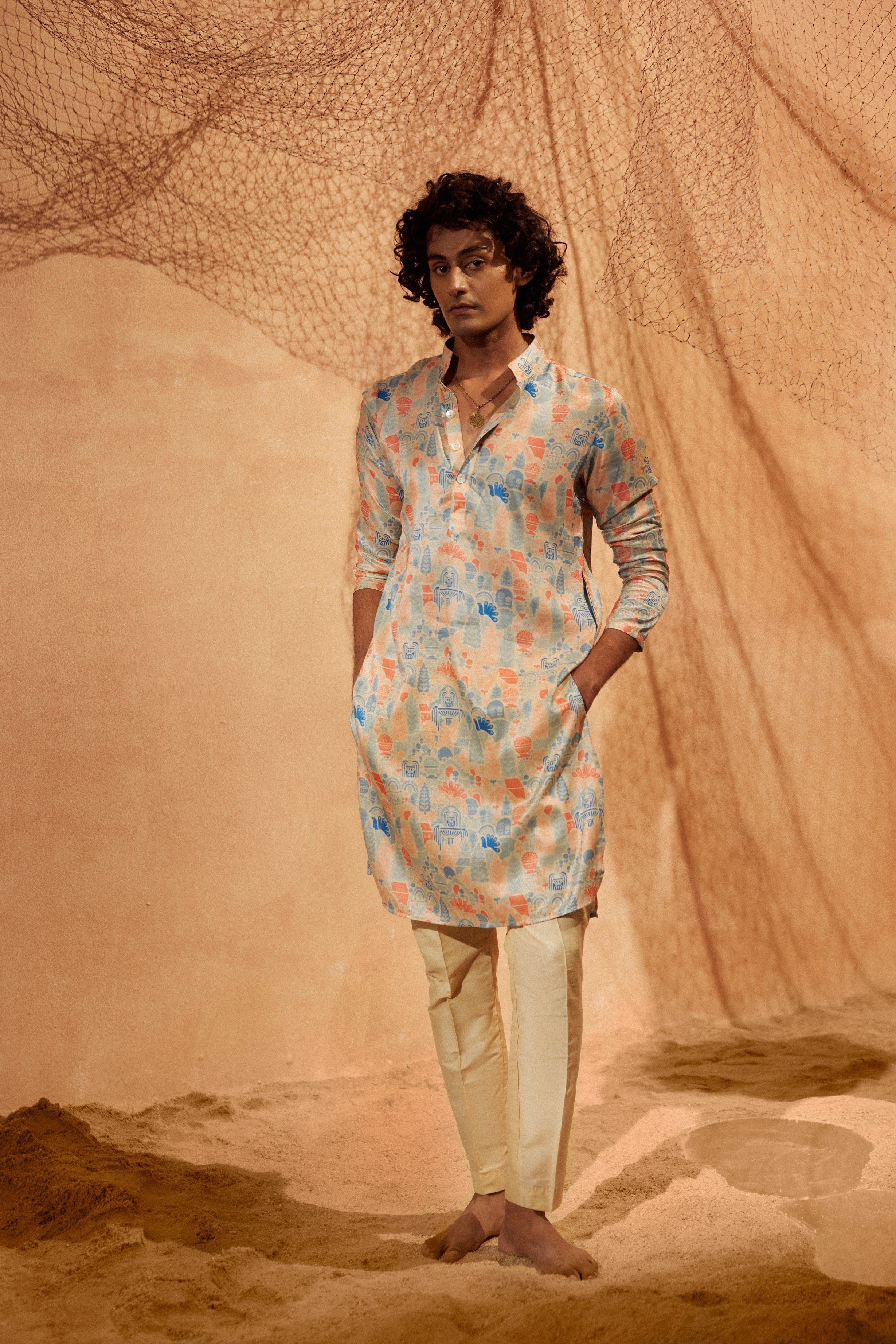 Waterland - Printed silk kurta with beige plain pants