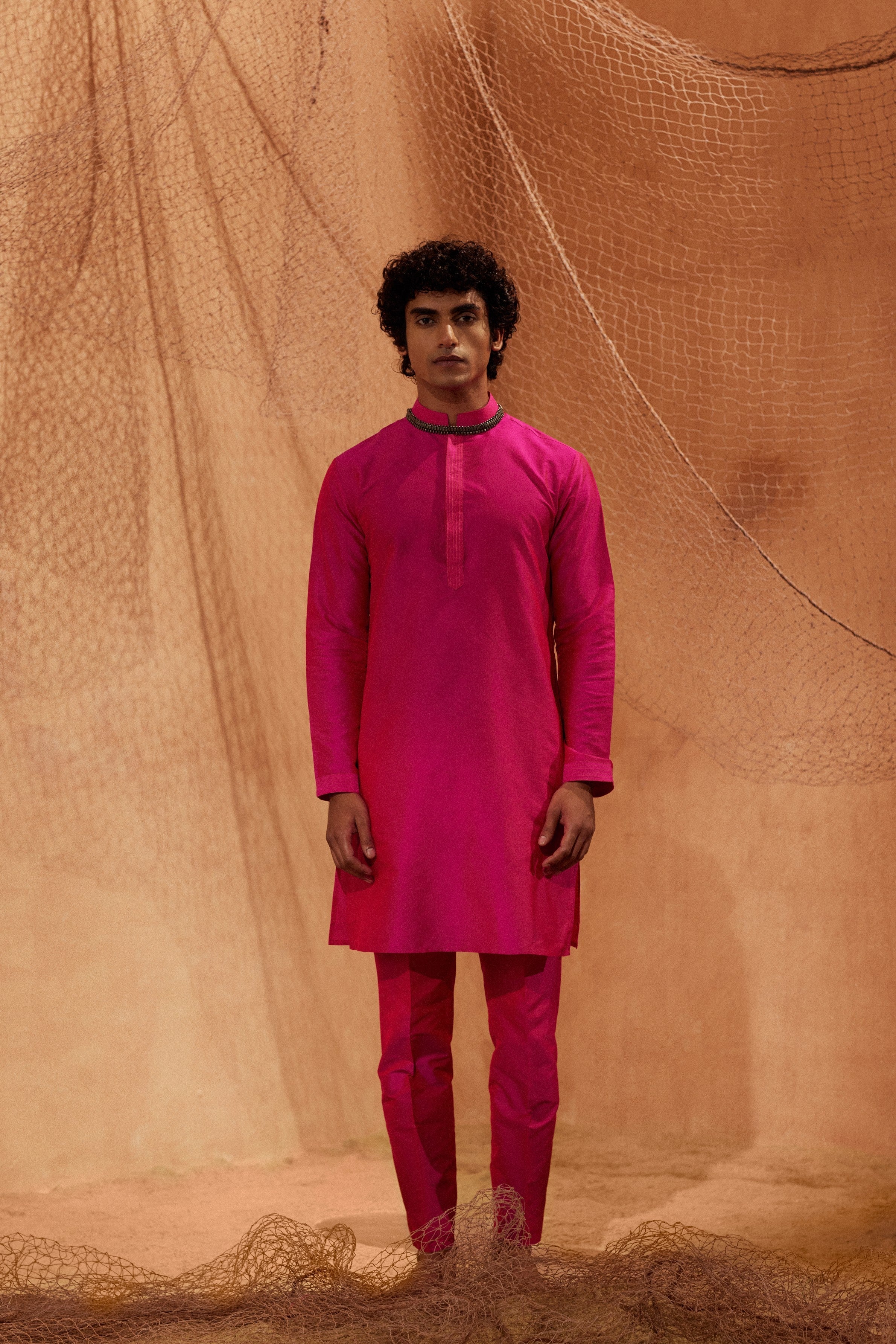 Dark Pink Tagai Kurta - Silk kurta with pants