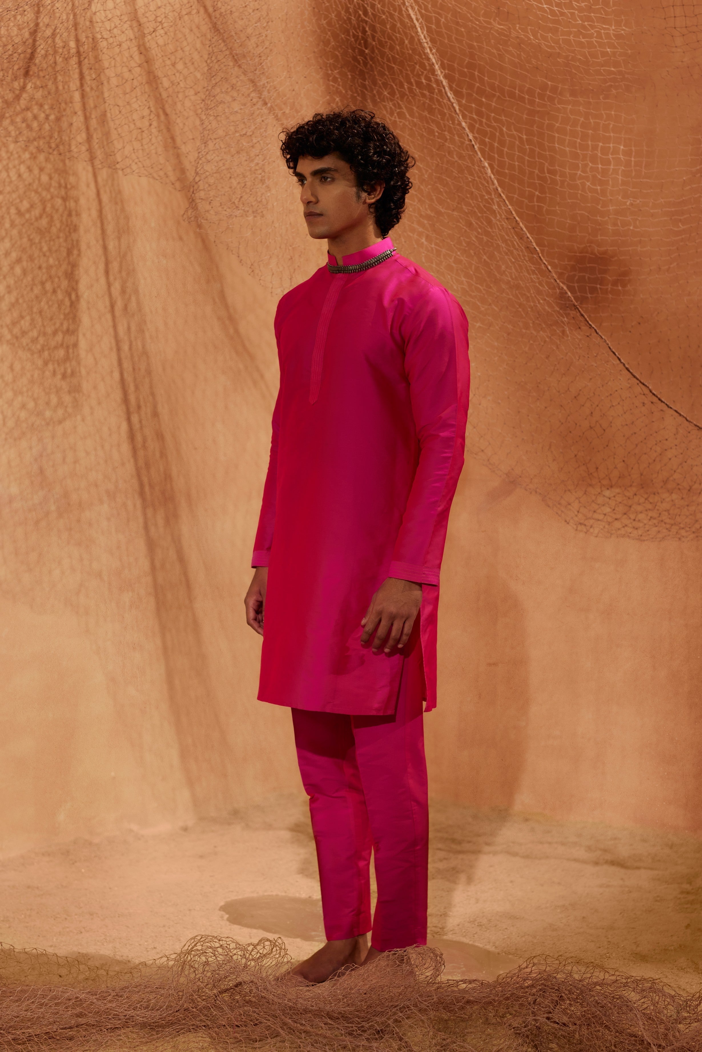 Dark Pink Tagai Kurta - Silk kurta with pants