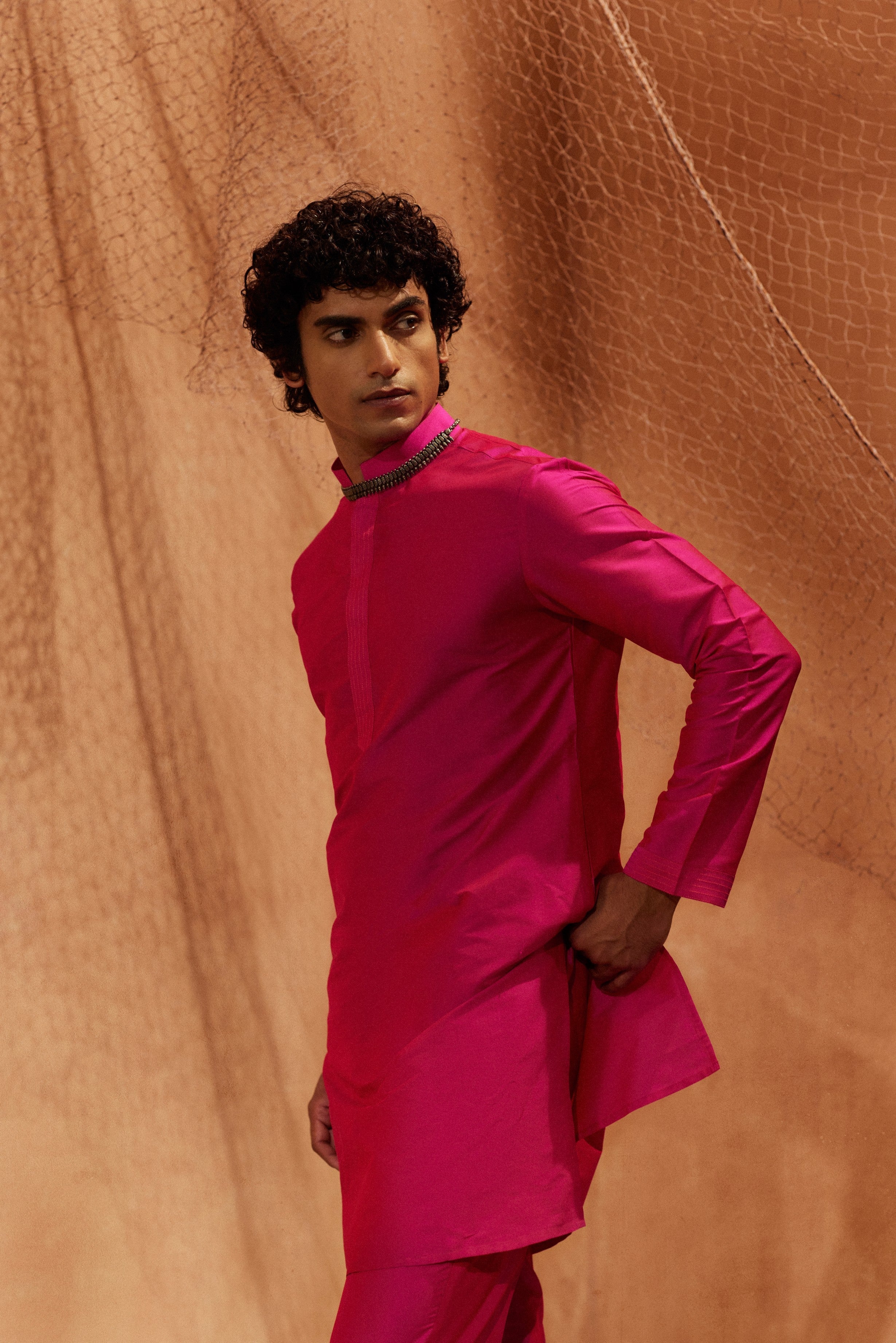 Dark Pink Tagai Kurta - Silk kurta with pants