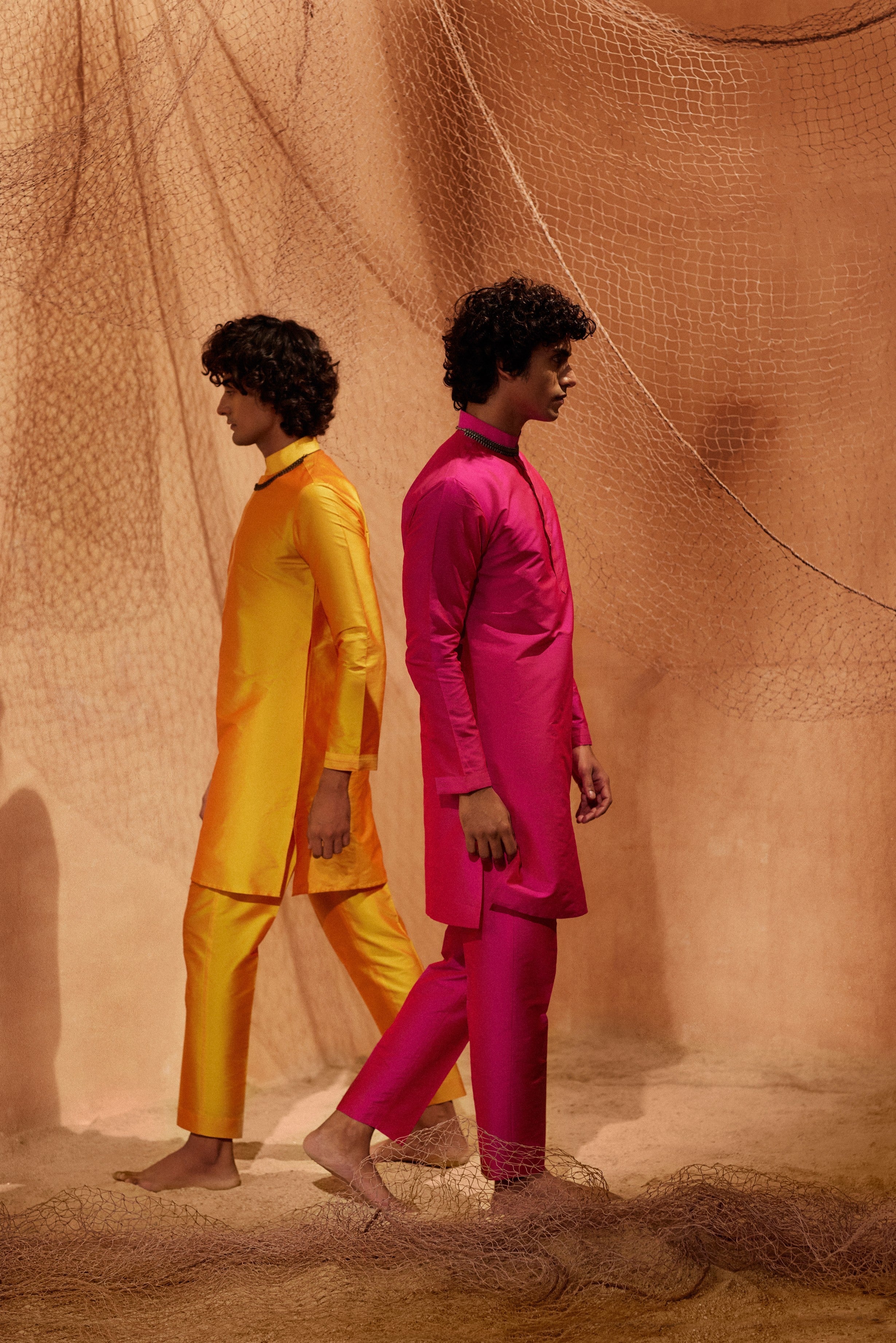 Orange Yellow Tagai Kurta - Silk kurta with pants