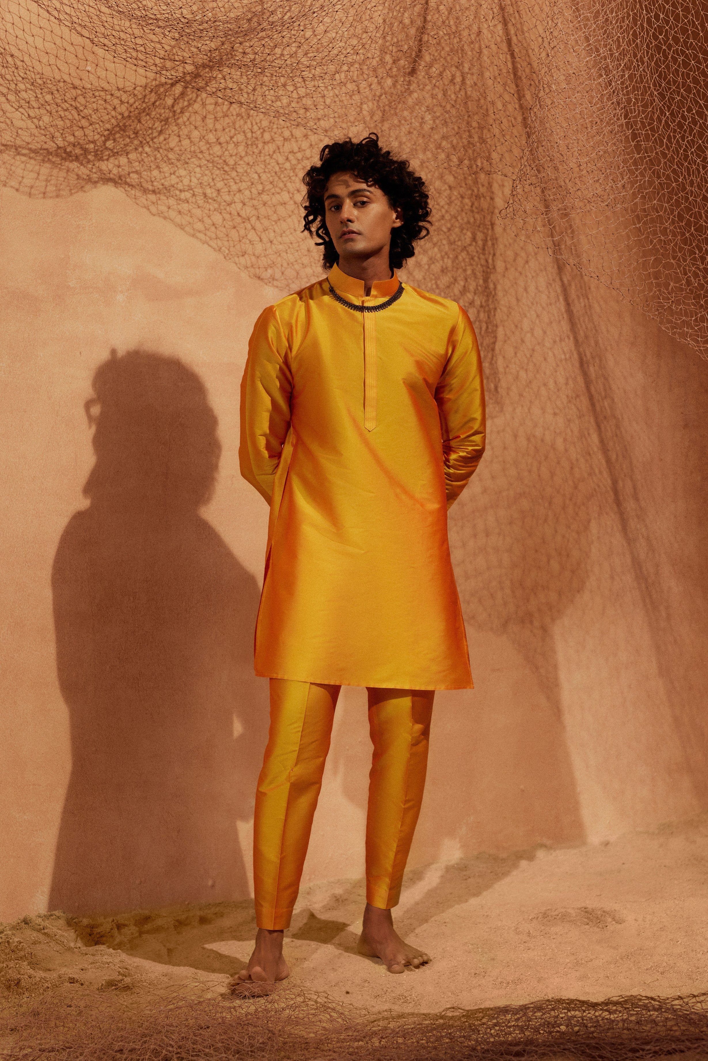 Orange Yellow Tagai Kurta - Silk kurta with pants