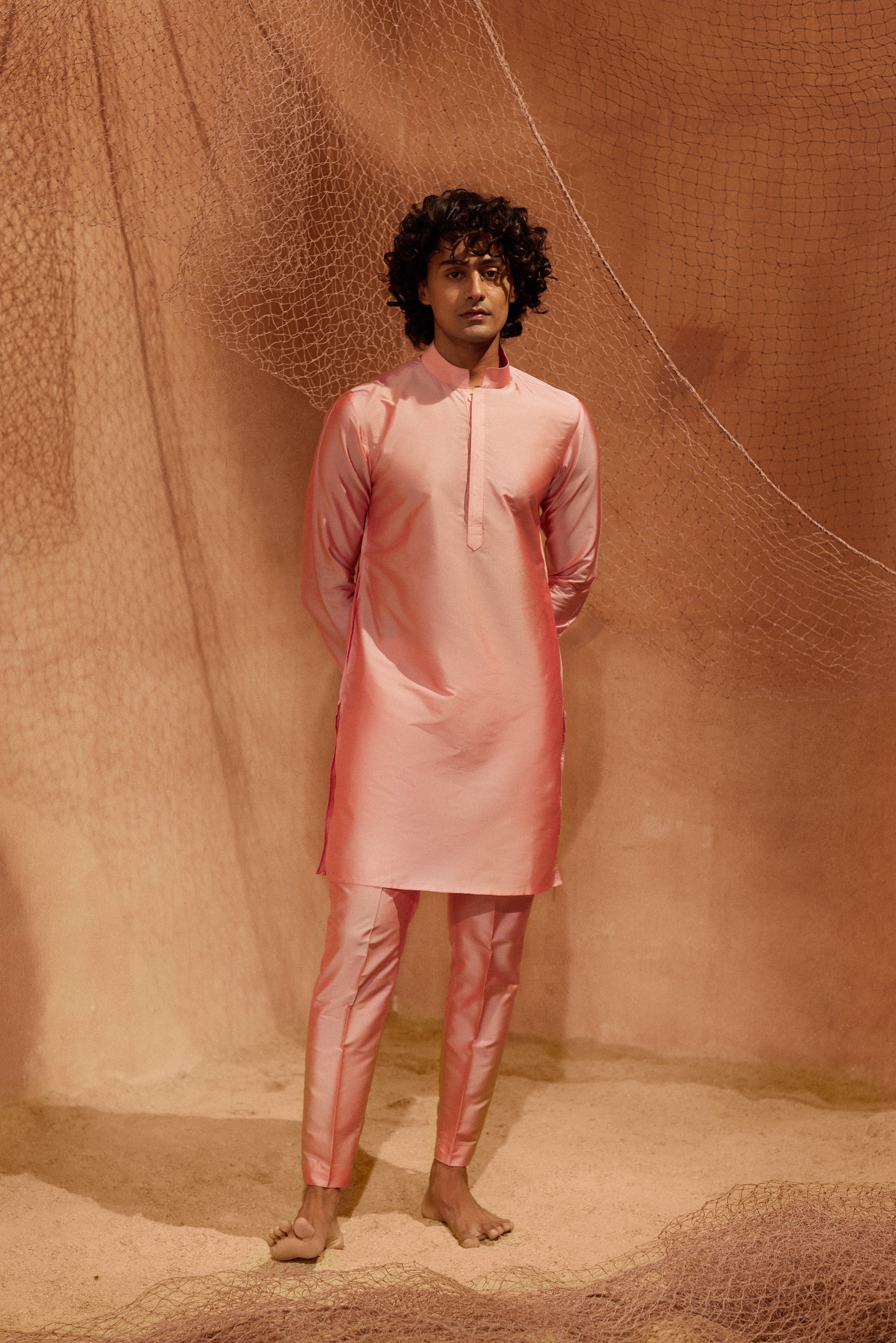 Light Pink Tagai Kurta - Silk kurta with pants