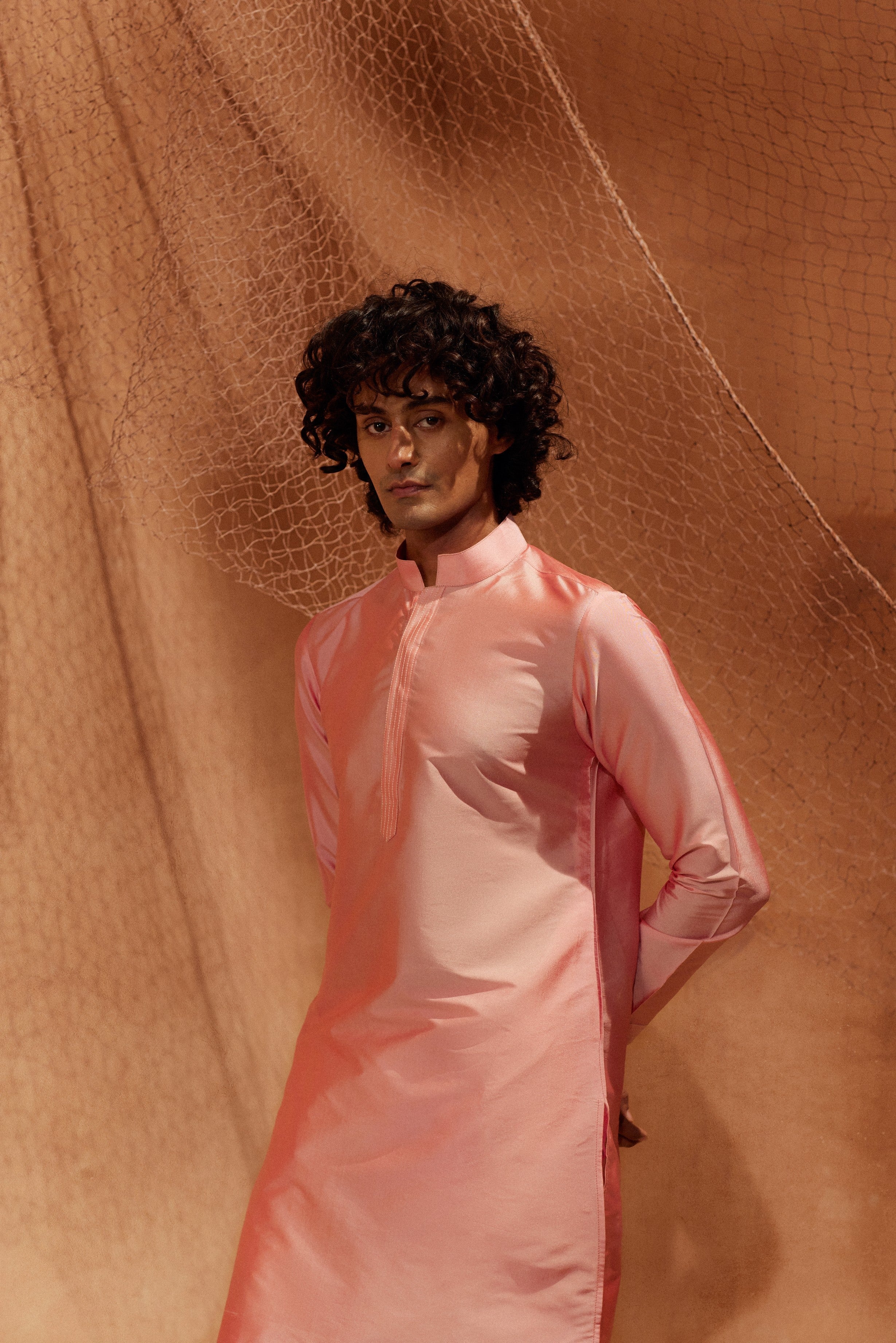 Light Pink Tagai Kurta - Silk kurta with pants