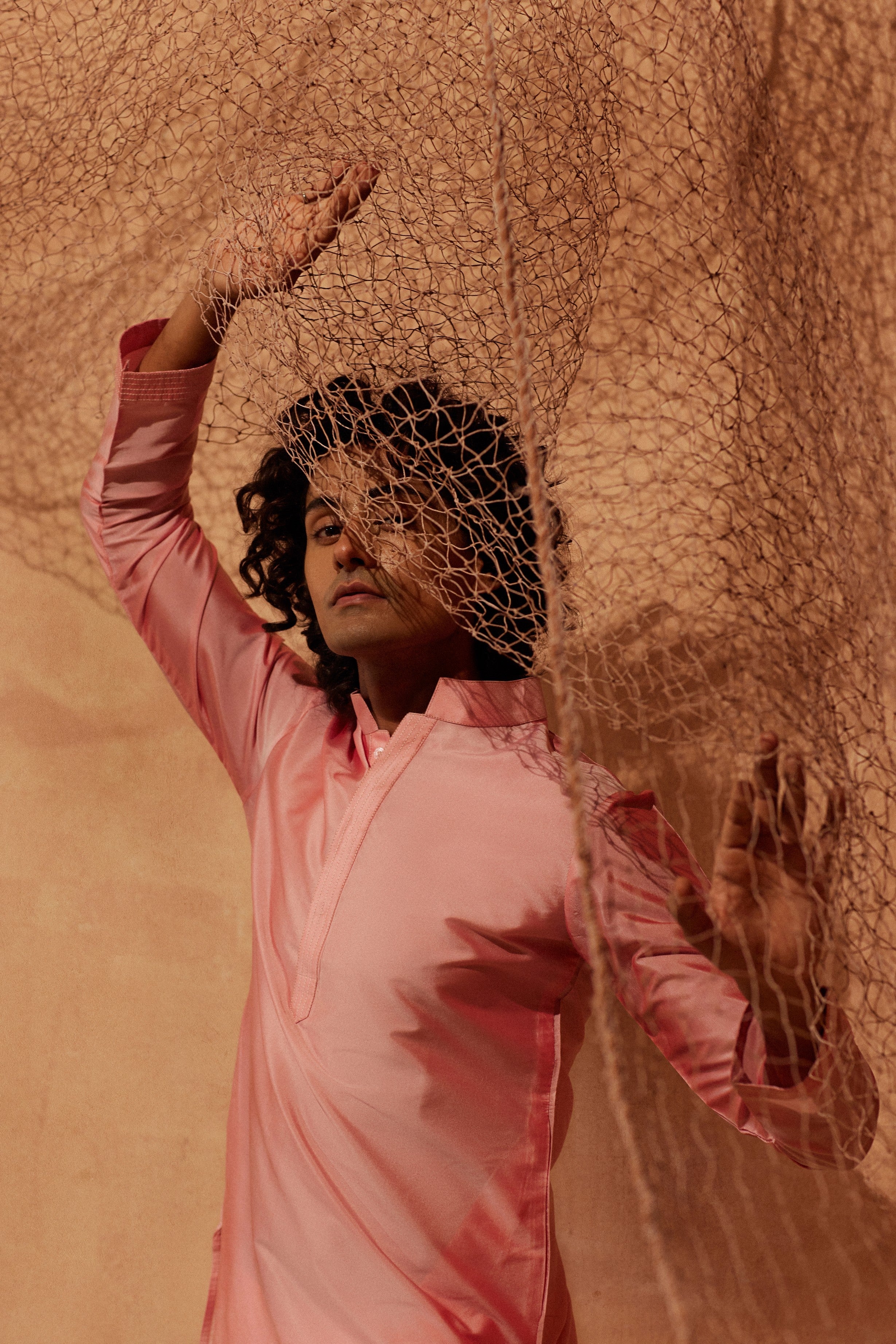 Light Pink Tagai Kurta - Silk kurta with pants