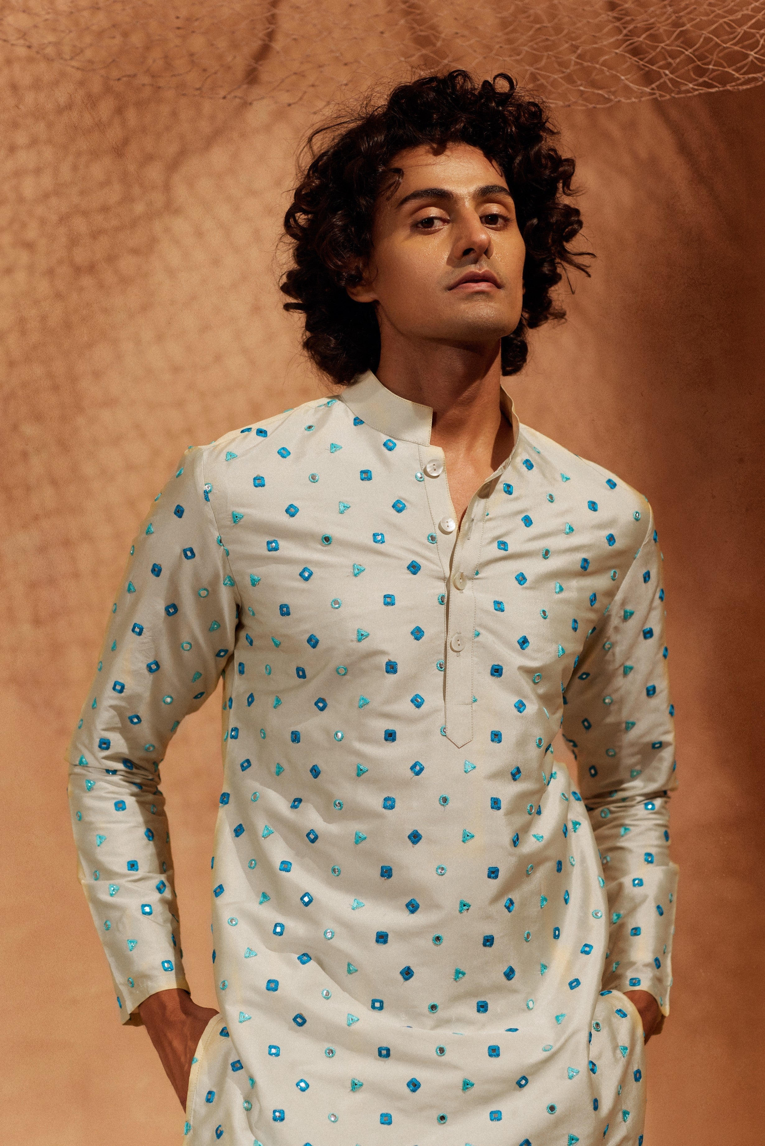 Aaina - Beige Mirror All over Silk With Foil Mirror Work Kurta With Pants