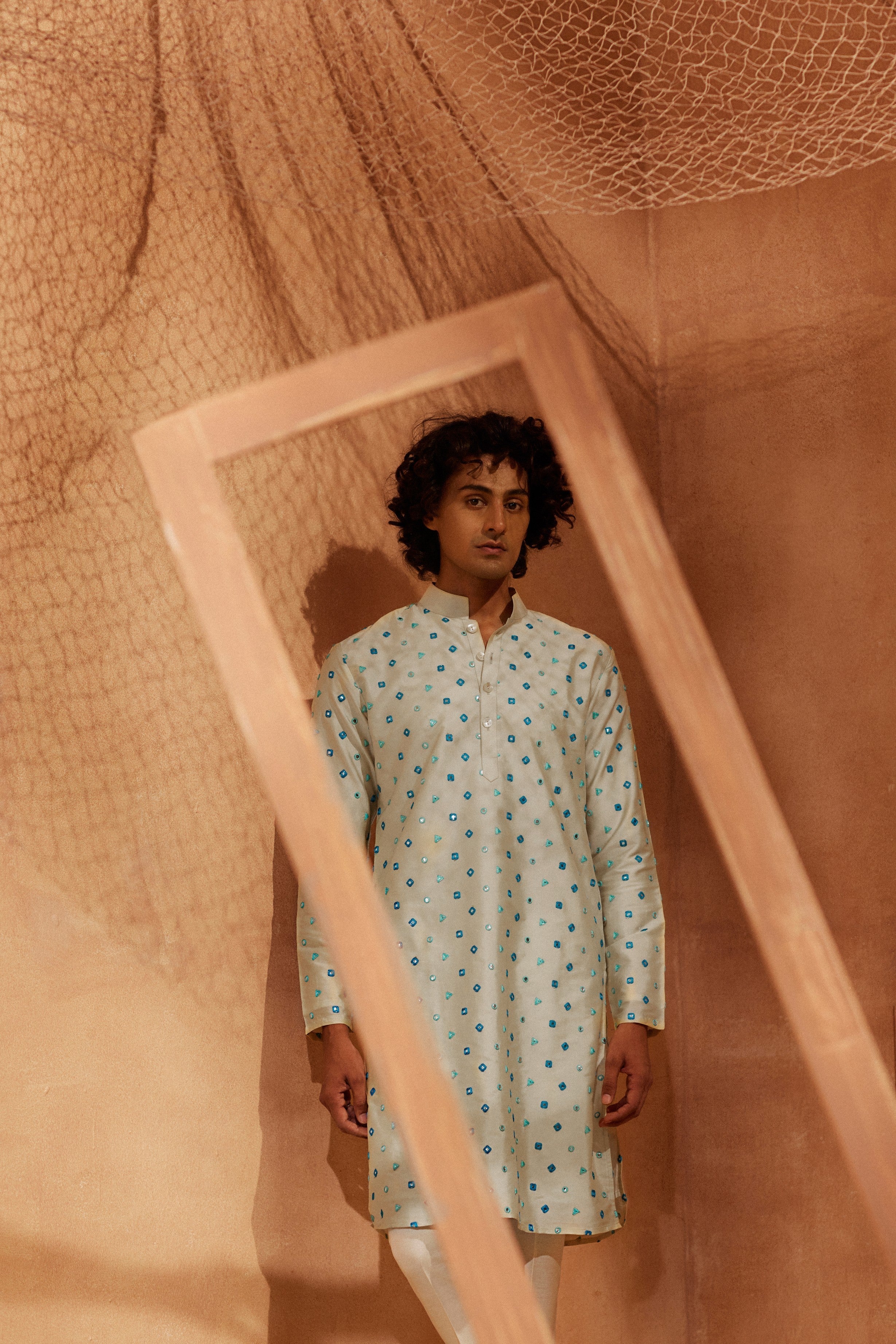 Aaina - Beige Mirror All over Silk With Foil Mirror Work Kurta With Pants