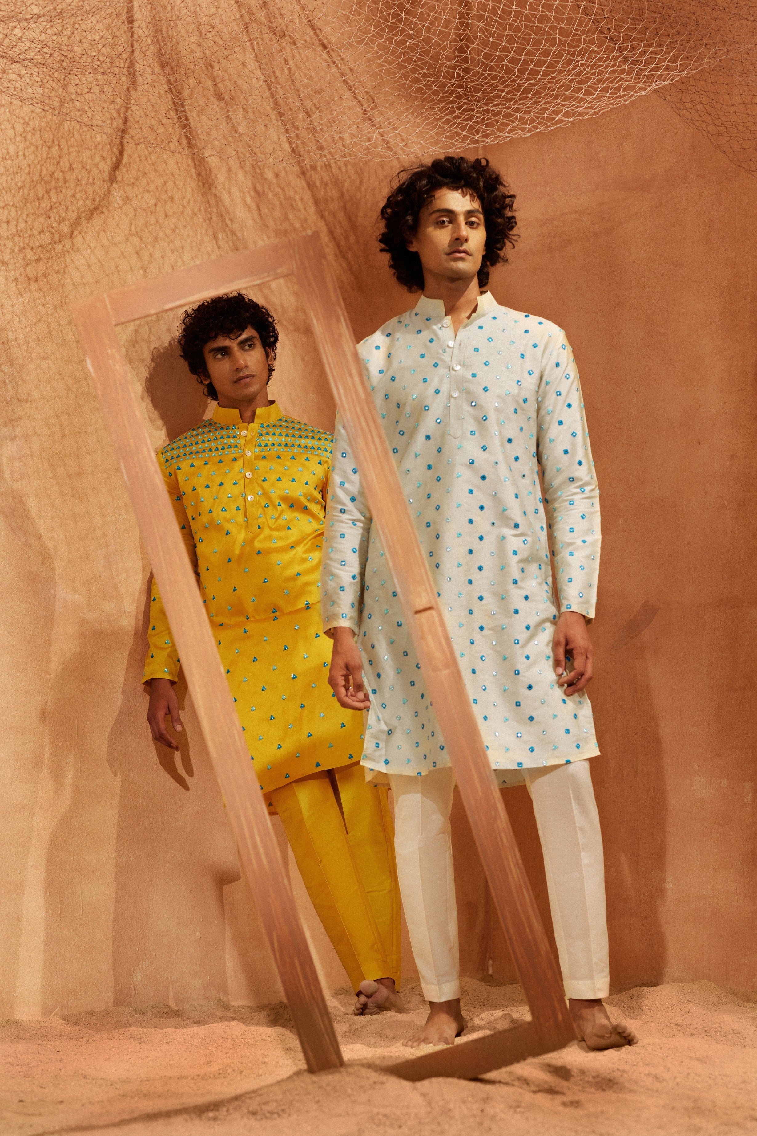 Aaina - Beige Mirror All over Silk With Foil Mirror Work Kurta With Pants