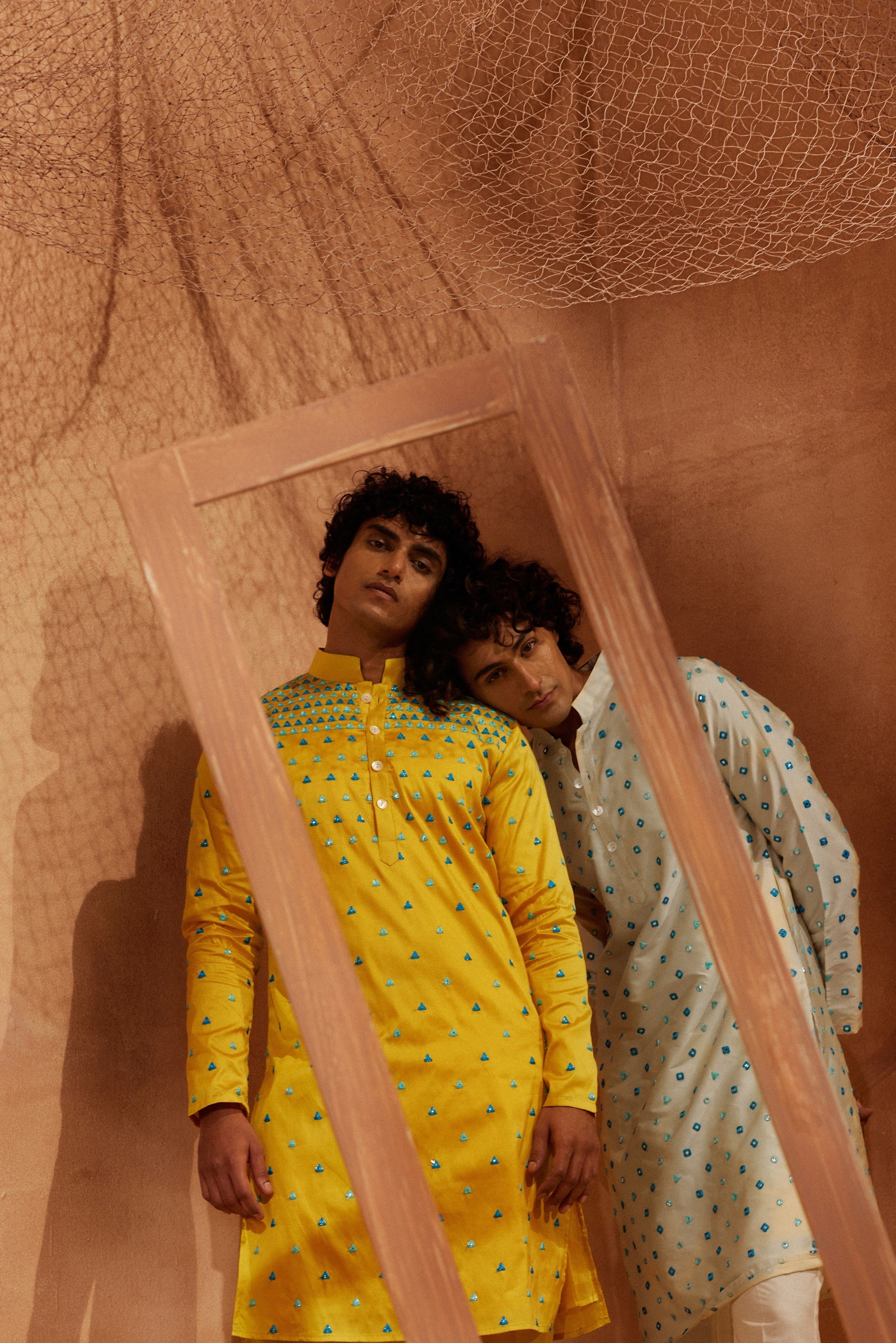 Trikona - Yellow Mirror All Over Silk With Foil Mirror Work Kurta With Pants