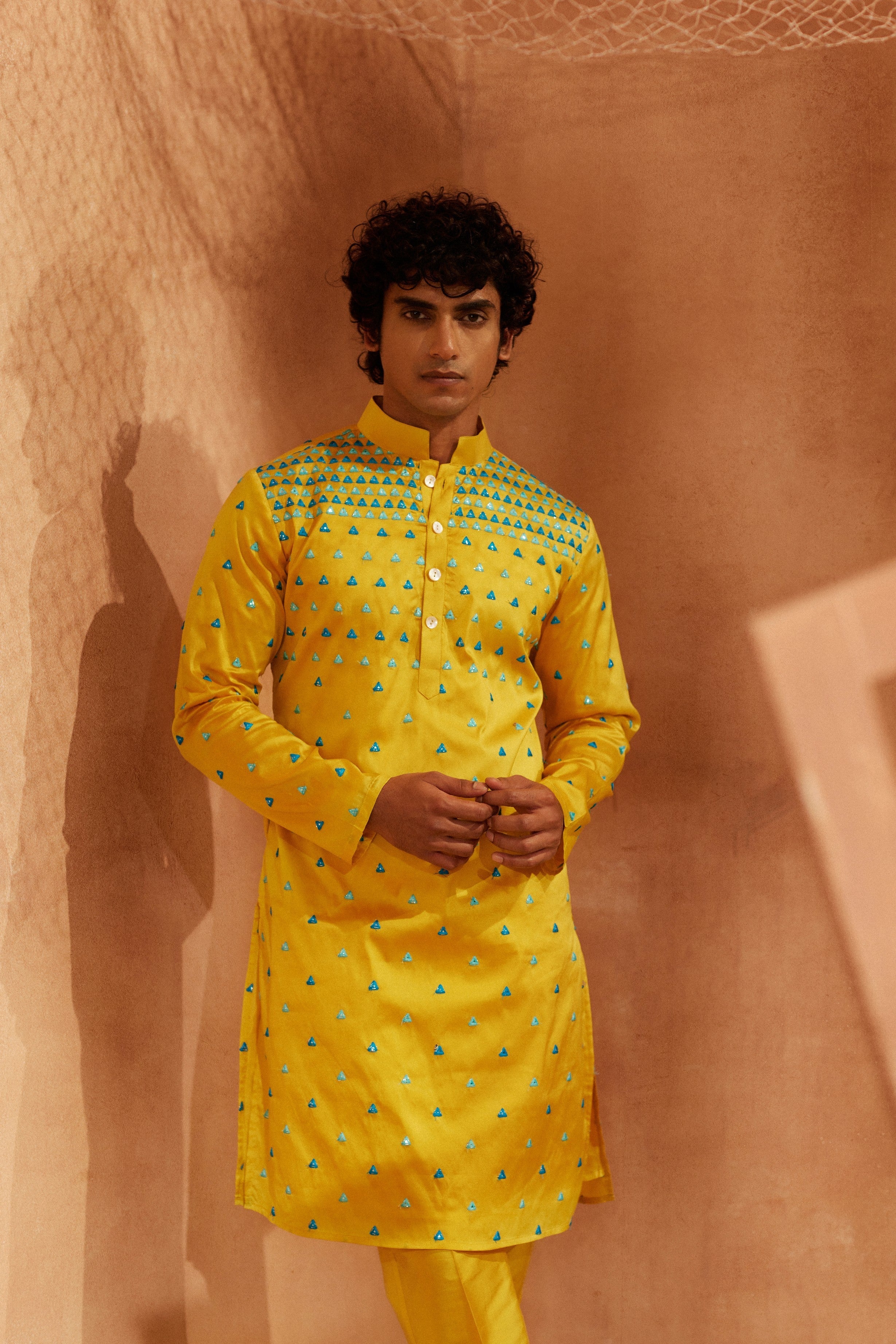 Trikona - Yellow Mirror All Over Silk With Foil Mirror Work Kurta With Pants