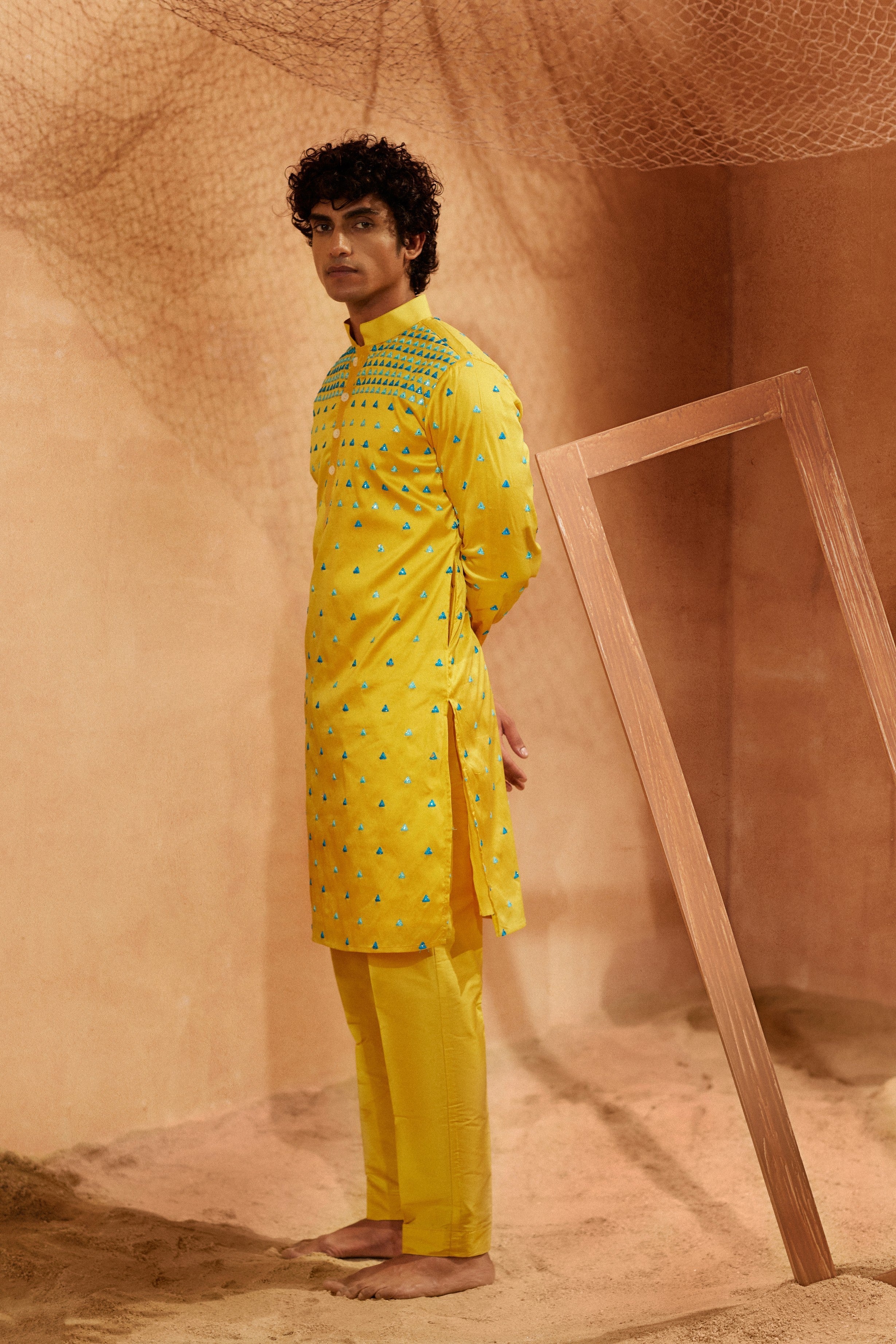 Trikona - Yellow Mirror All Over Silk With Foil Mirror Work Kurta With Pants