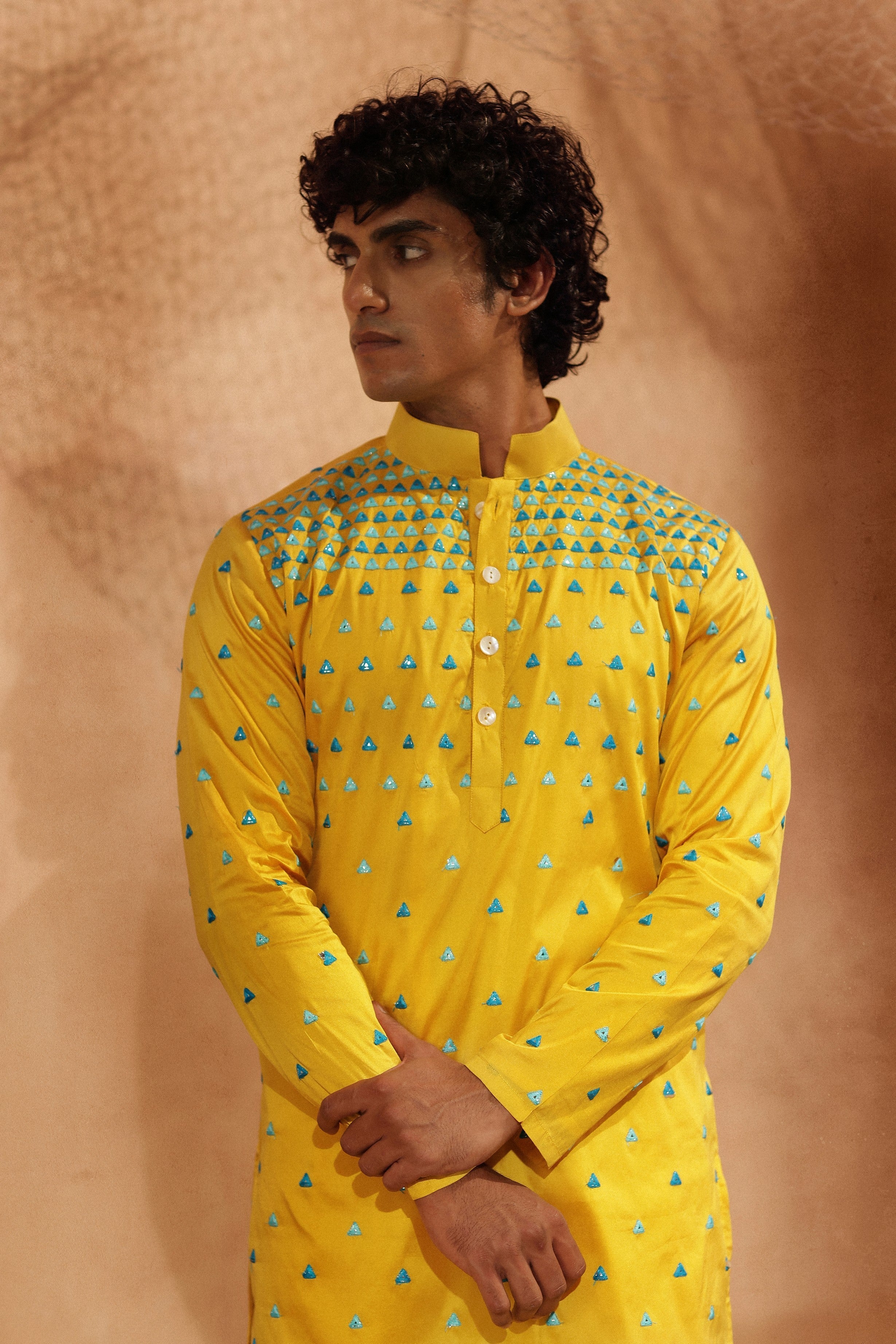 Trikona - Yellow Mirror All Over Silk With Foil Mirror Work Kurta With Pants