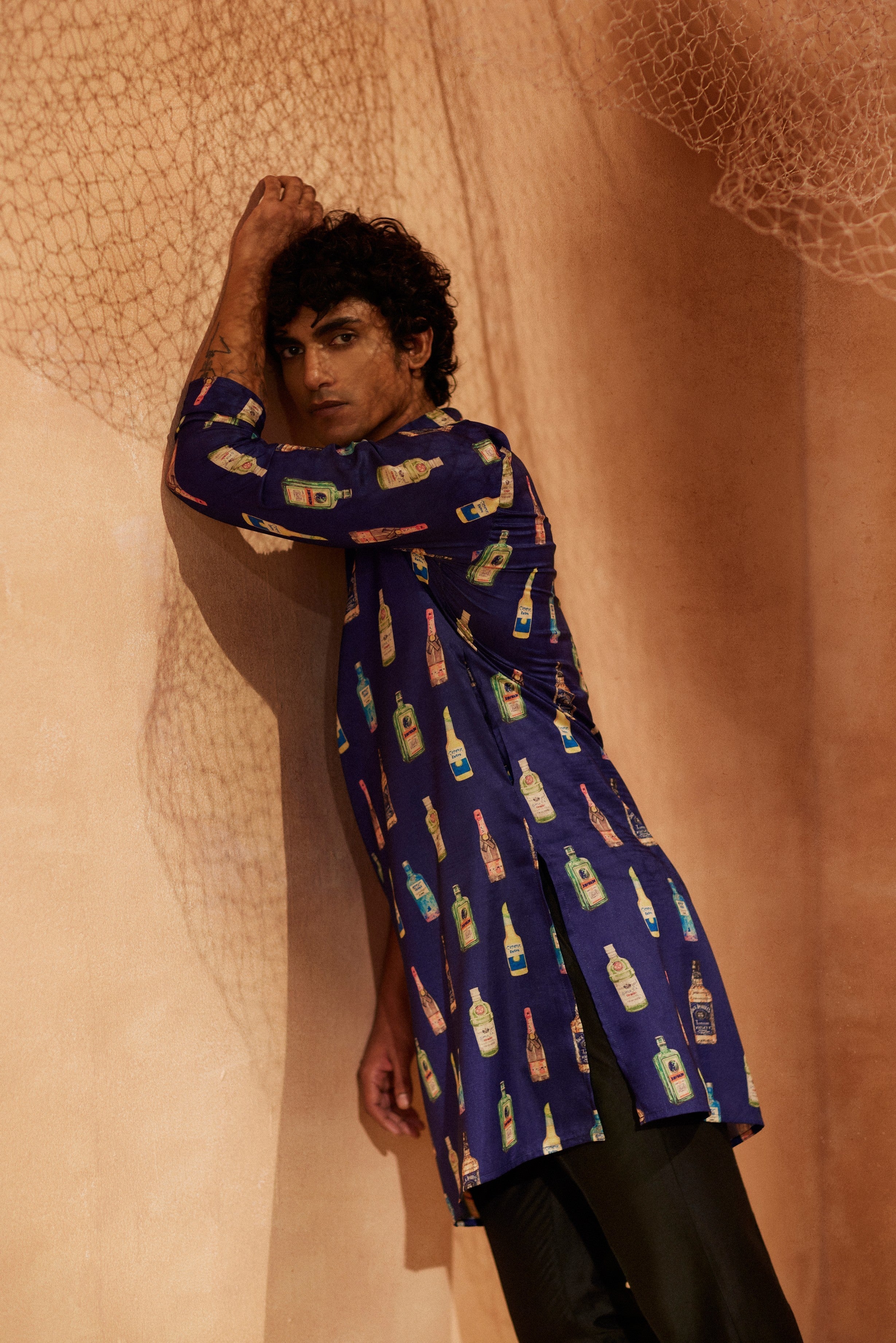 Cocktail Party - Printed silk kurta with black plain pants