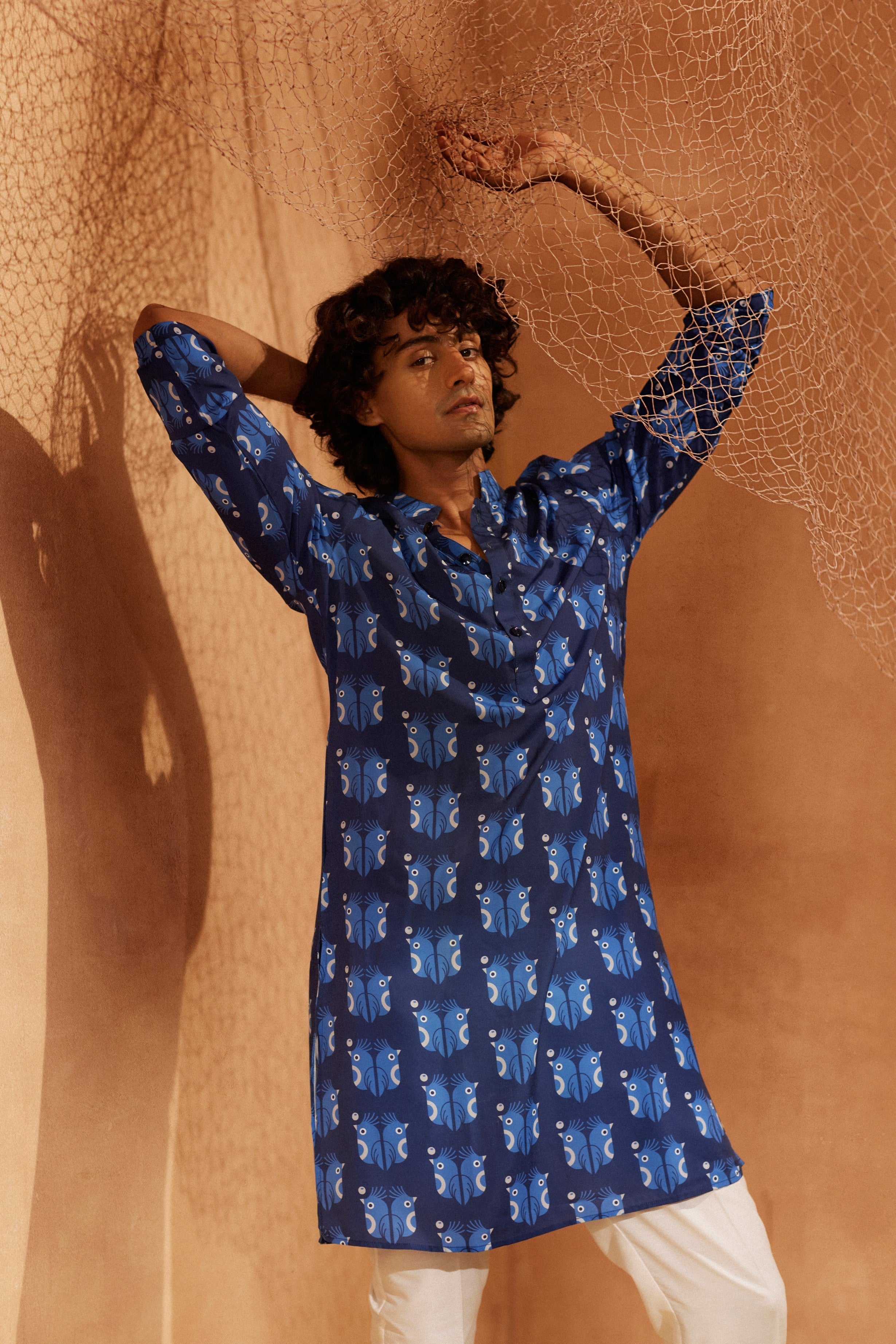 Sea Birds - Printed silk kurta with white plain pants