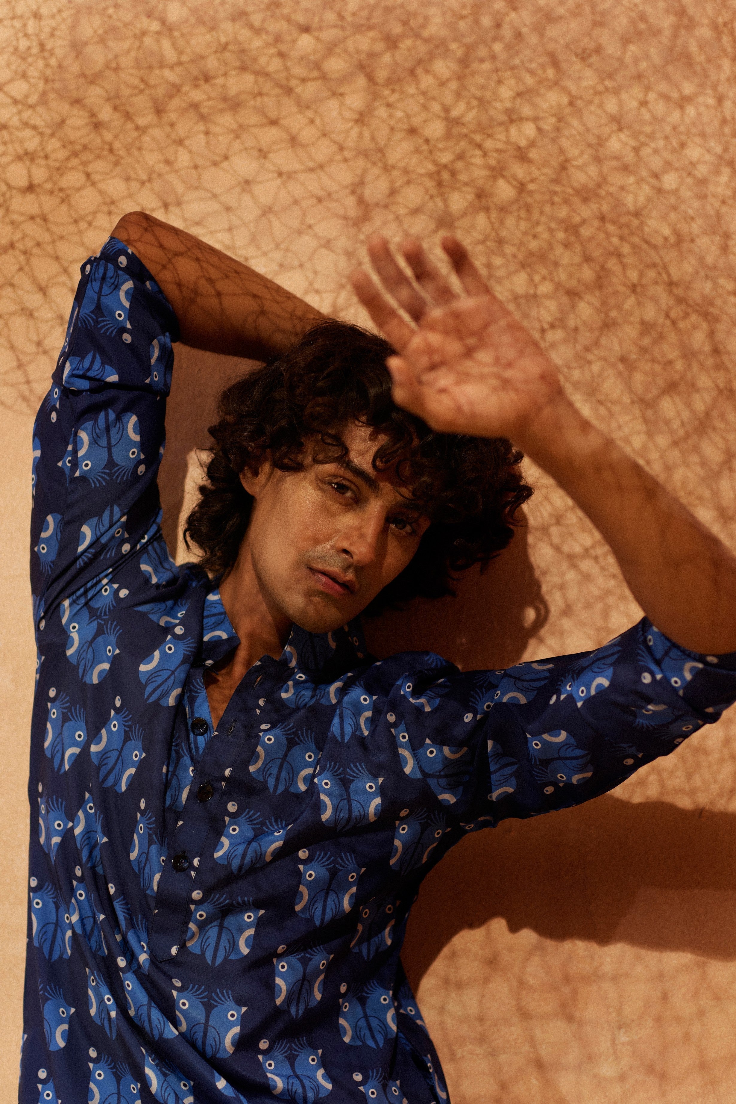 Sea Birds - Printed silk kurta with white plain pants