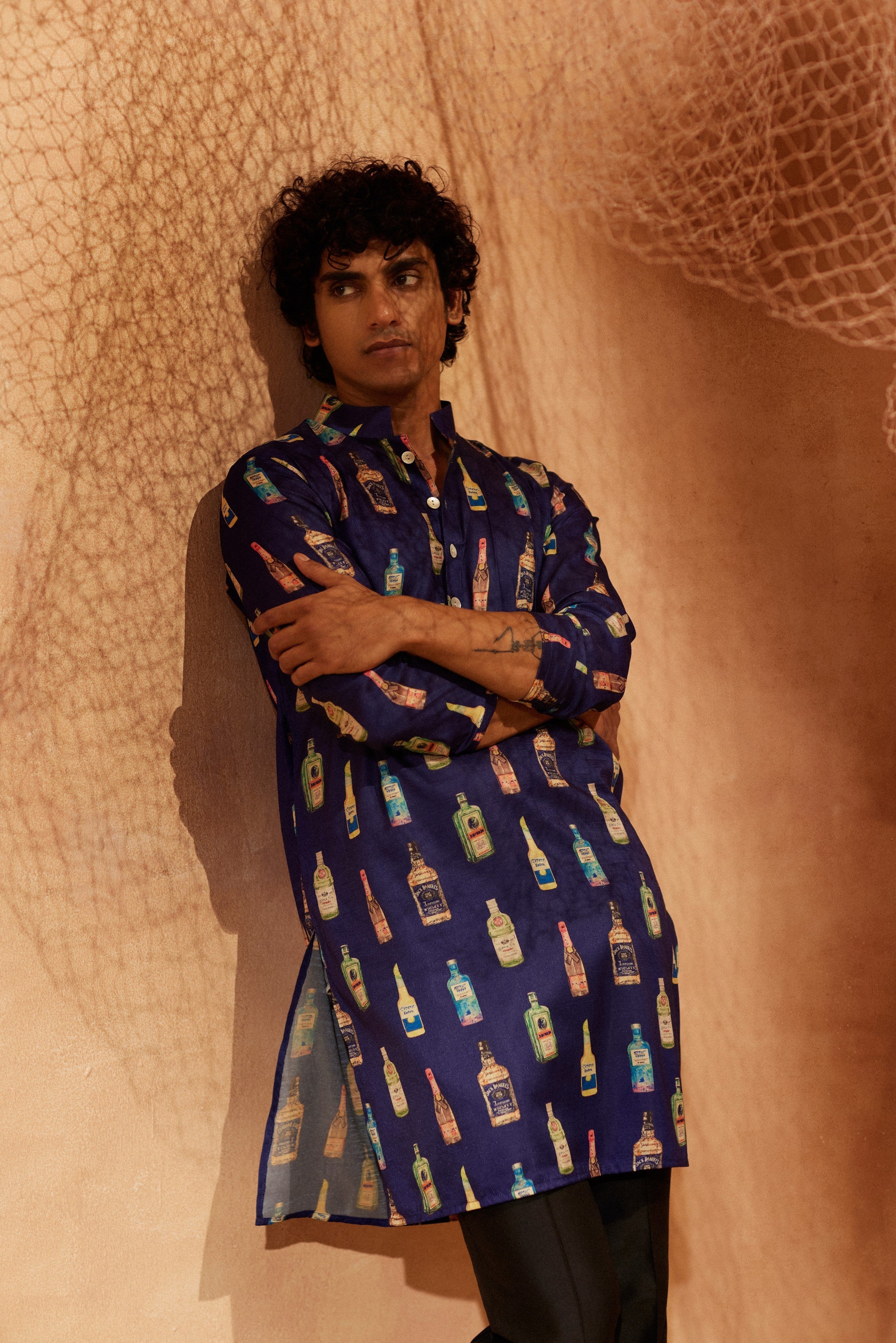 Cocktail Party - Printed silk kurta with black plain pants