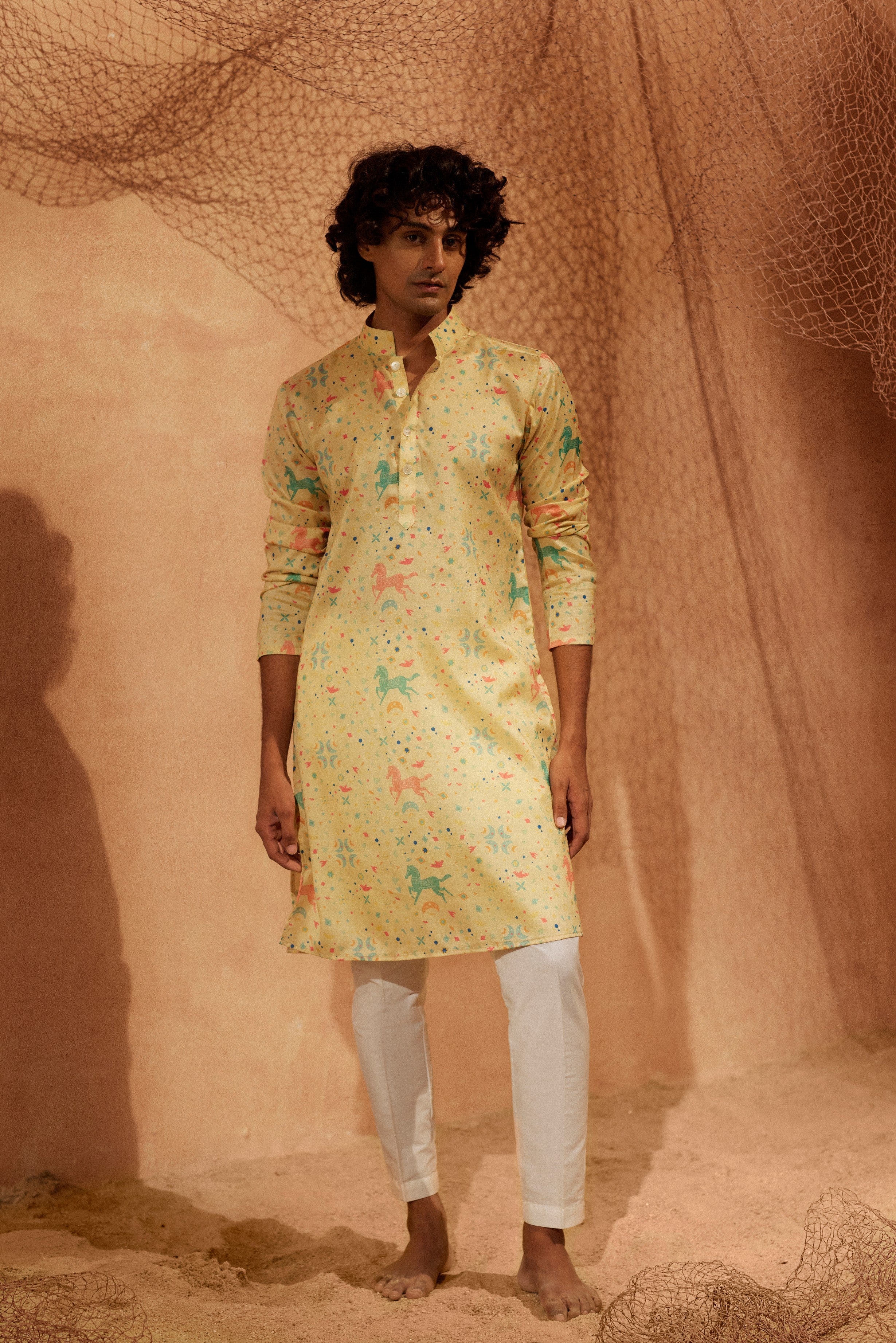 Flying Horses - Printed silk kurta with white plain pants