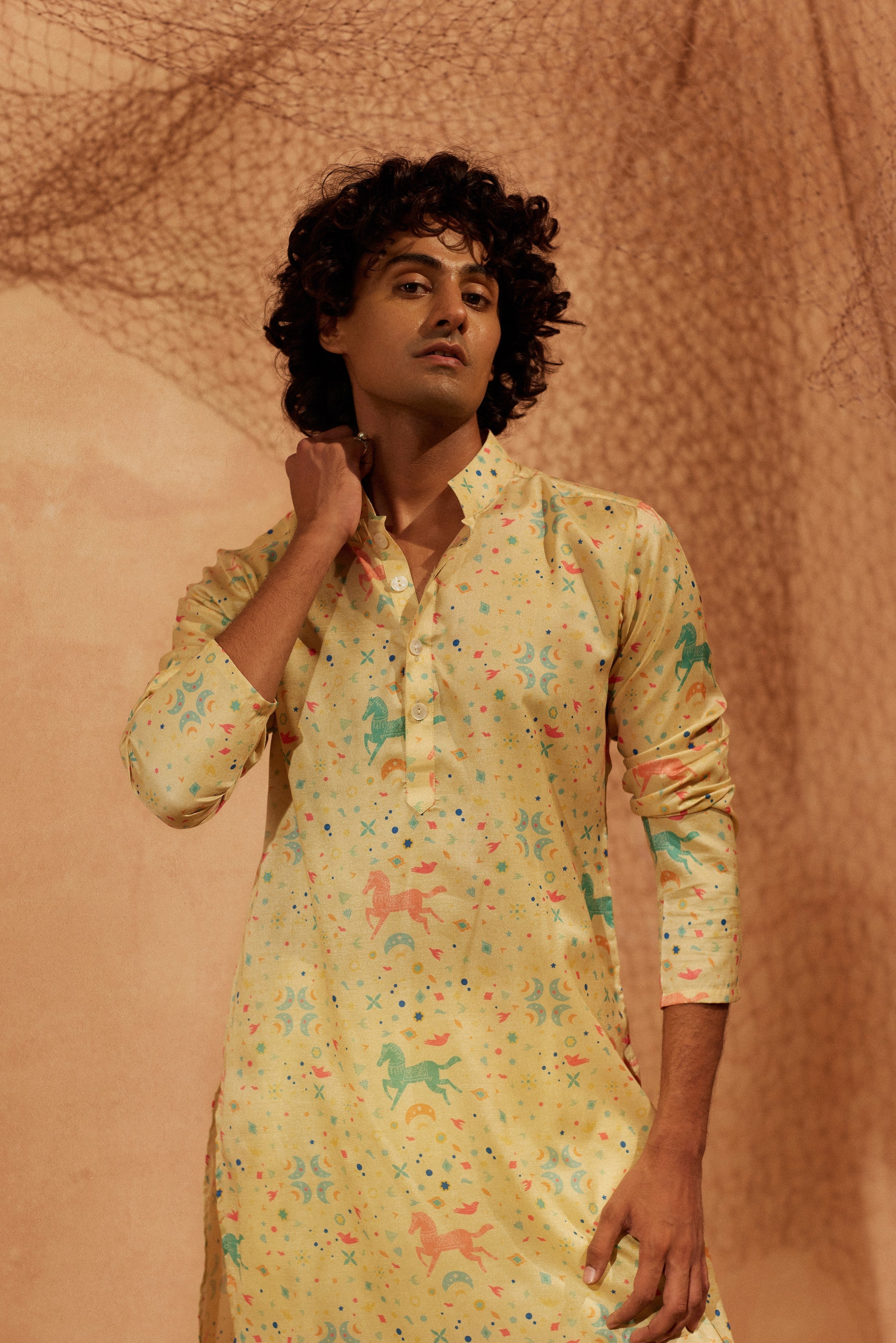 Flying Horses - Printed silk kurta with white plain pants
