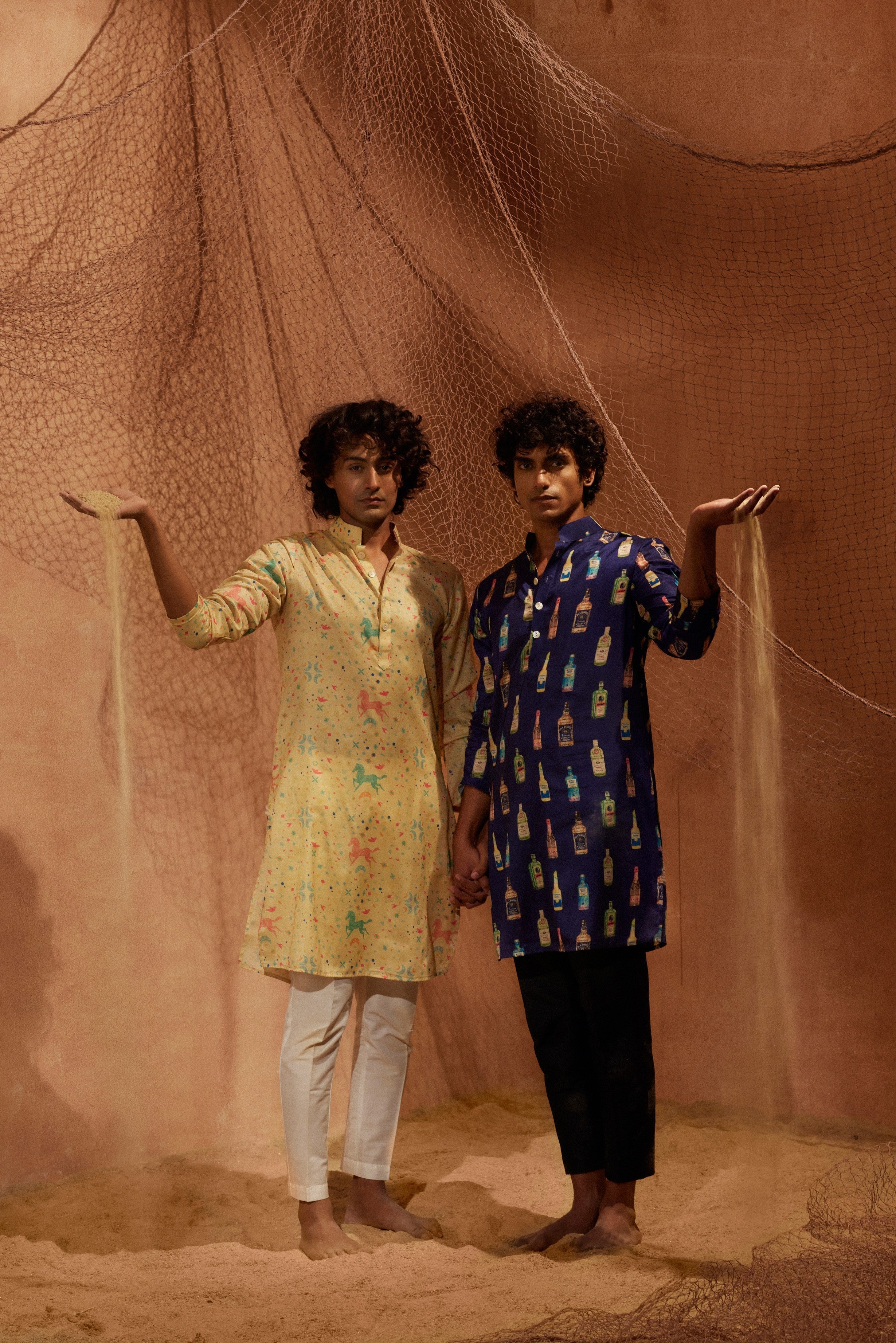 Flying Horses - Printed silk kurta with white plain pants