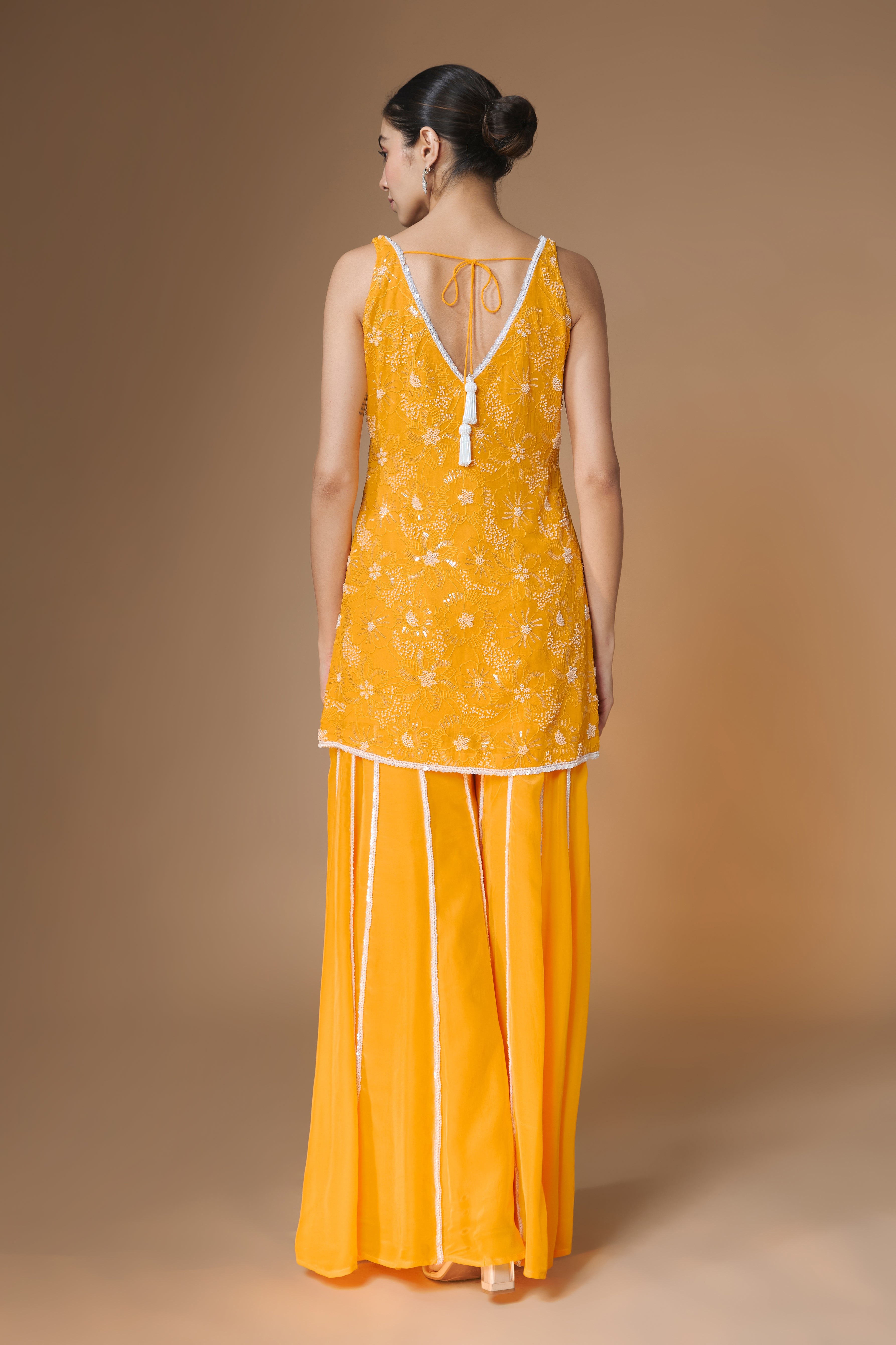 Sunset yellow floral embroidered kurta sharara set