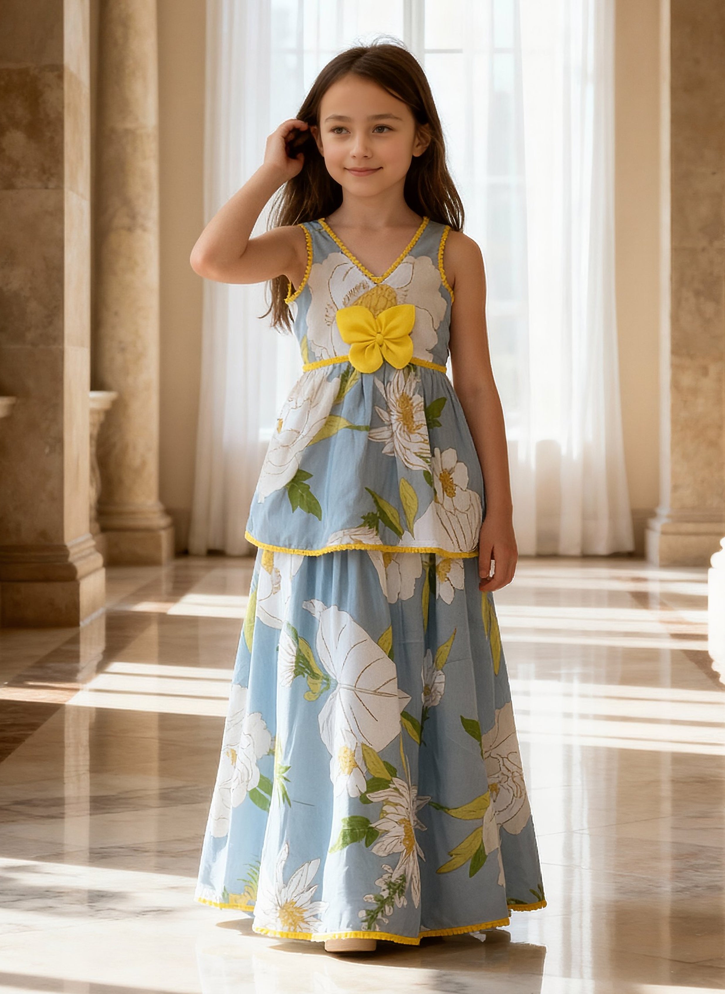 Light Blue Printed Peplum Top with Lehenga