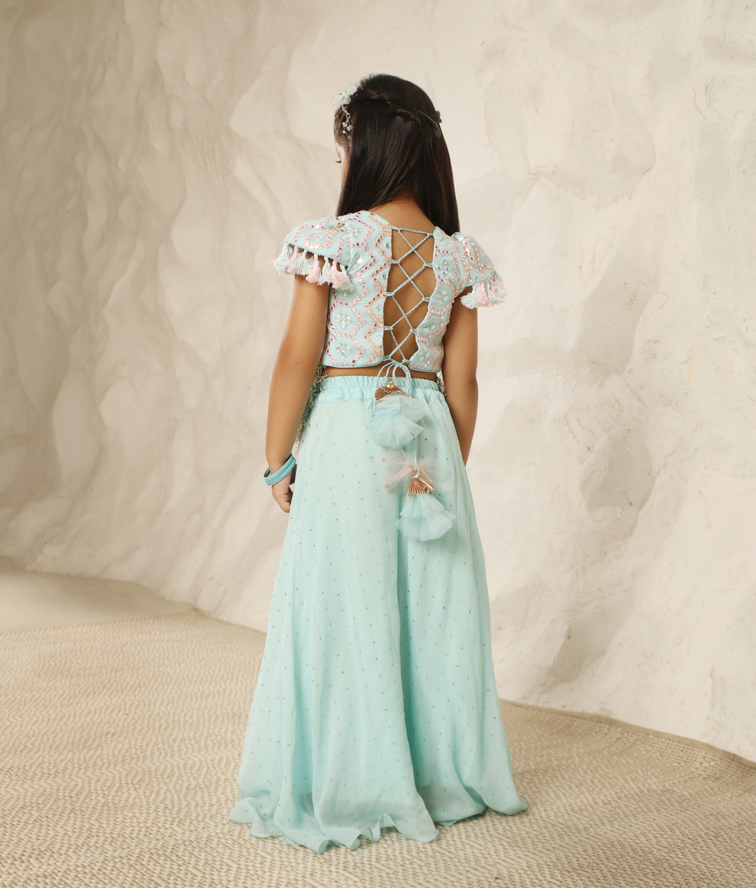 Blue Mirror Embroidered Top with Plazzo Pant