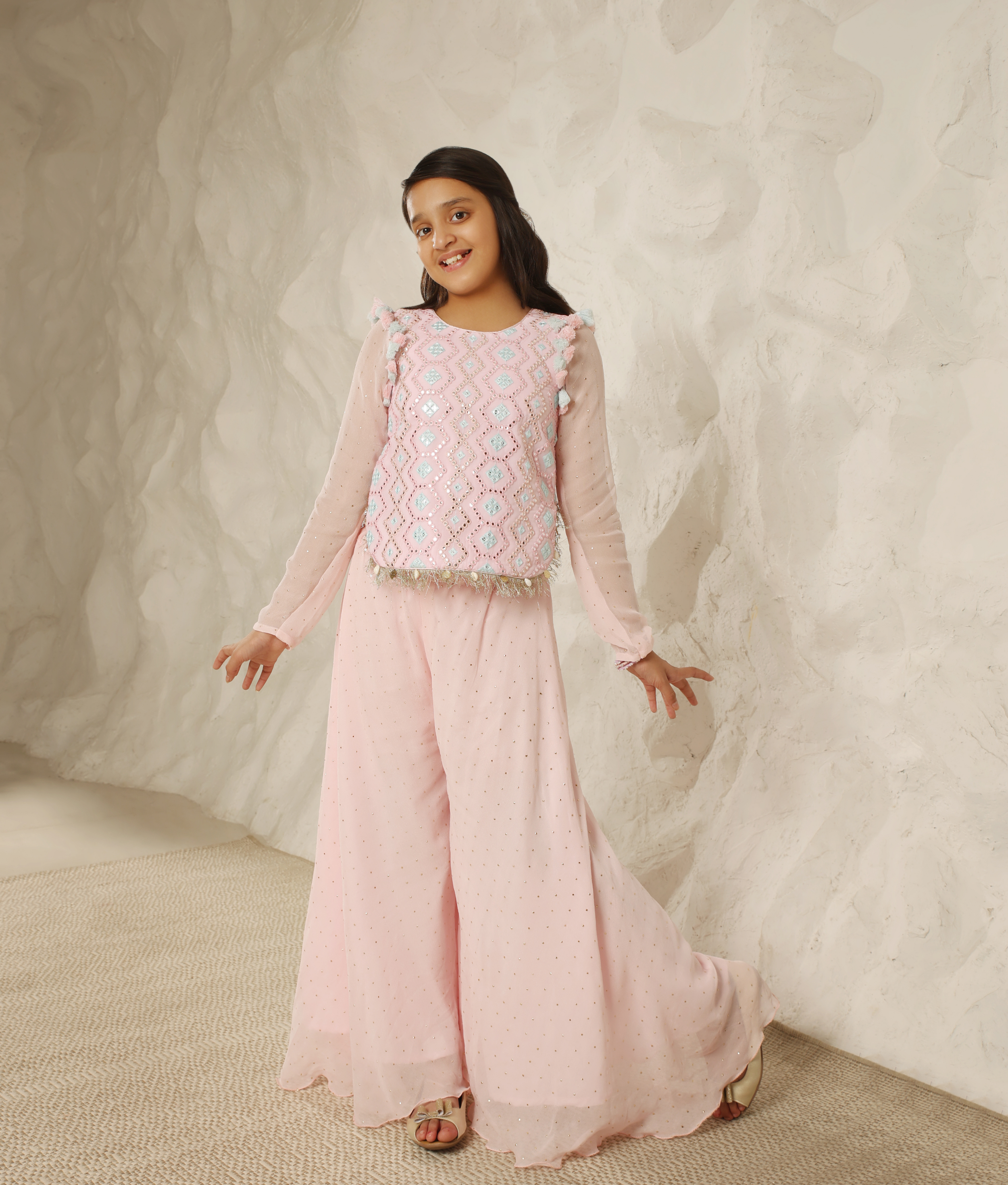 Sparkling Grace: Baby Pink Mirror-Embroidered Set