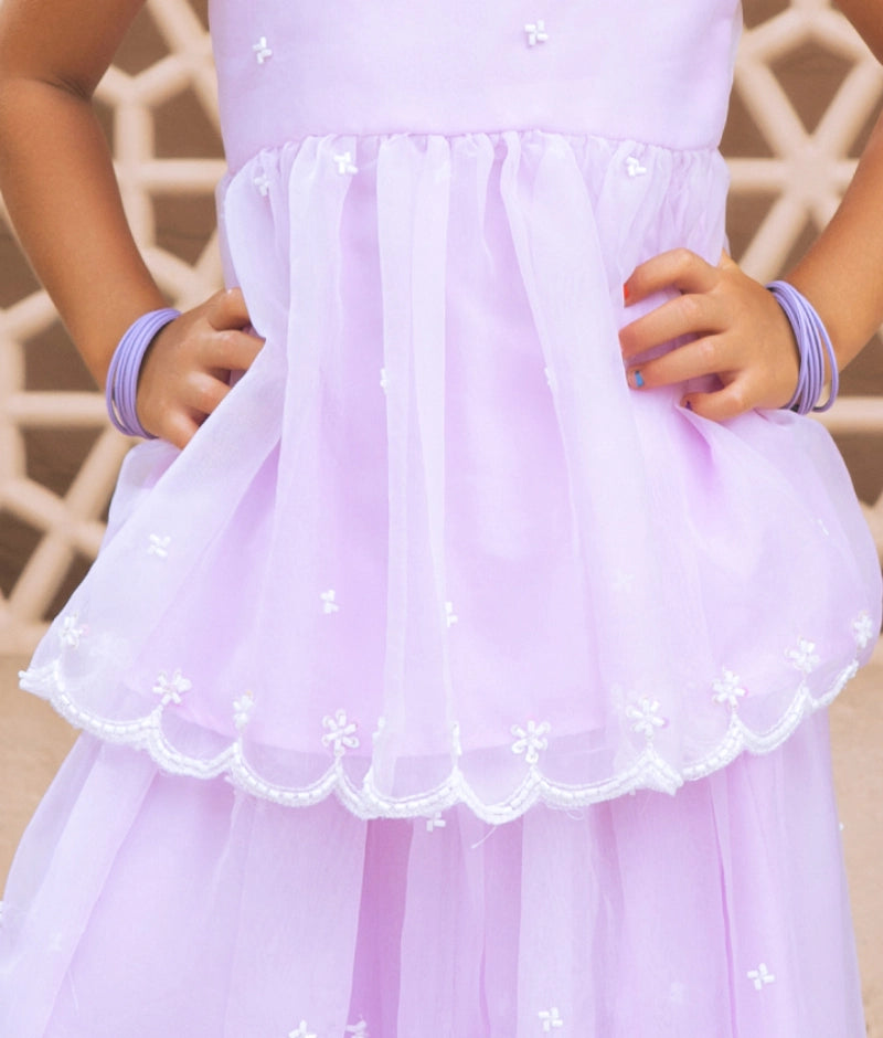 Lilac Embroidered Organza Kurti with Skirt