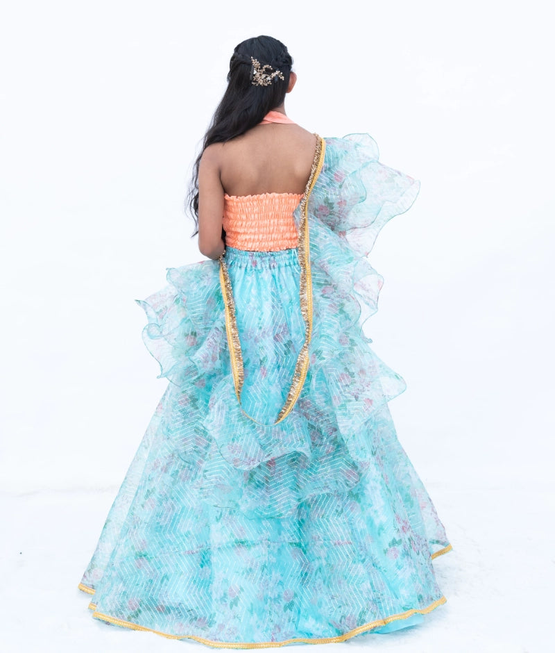 Peach Embroidered Choli withPrinted Organza Lehenga Set