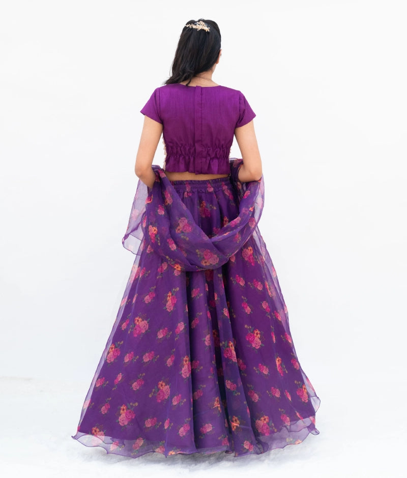 Purple Tassel Choli with Printed Lehenga Set