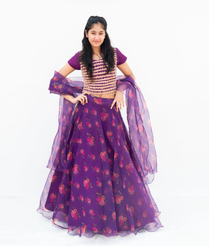Purple Tassel Choli with Printed Lehenga Set