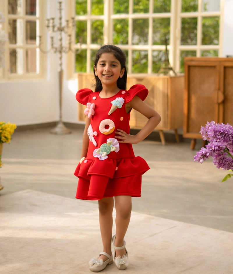 Playful Red Neoprene Dress with Sweet Summer Motifs