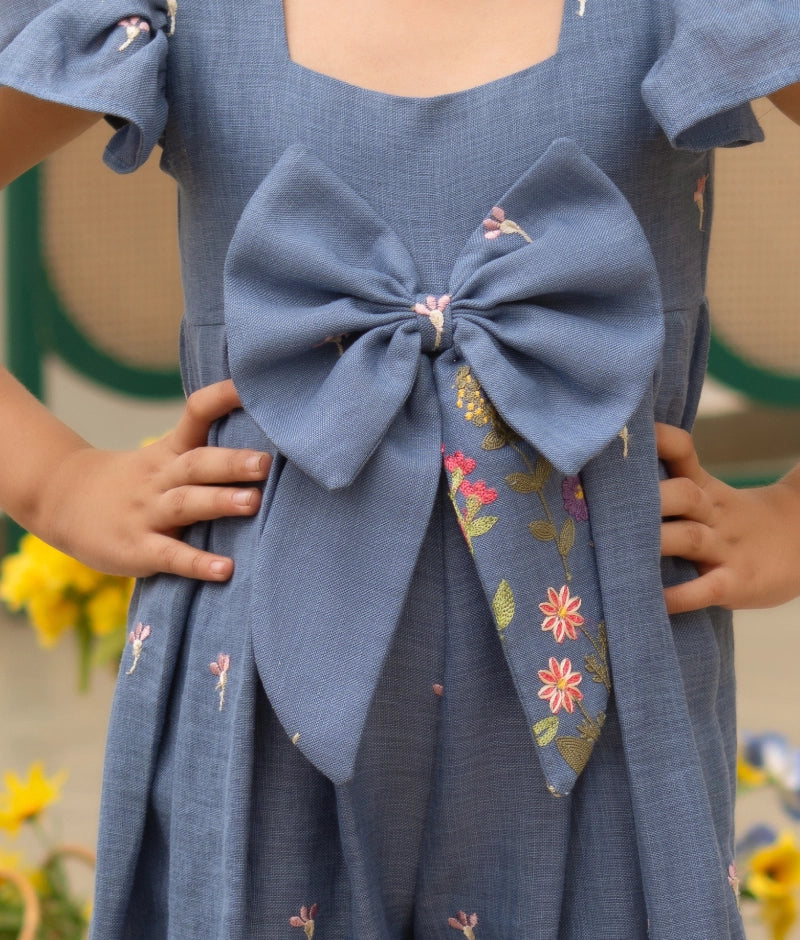 Blue Embroidered Denim Jumpsuit